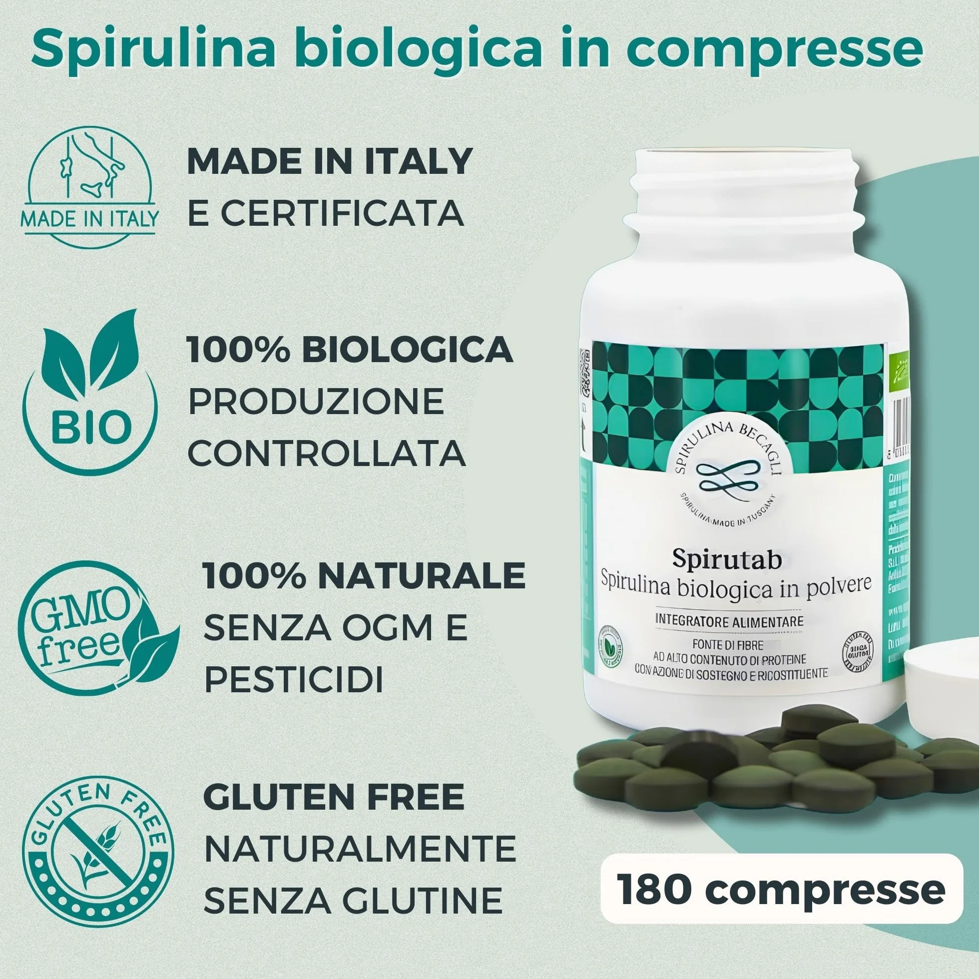 Spirulina Becagli Spirutab Compresse Integratore Alga Spirulina Made in Italy 180 Compresse
