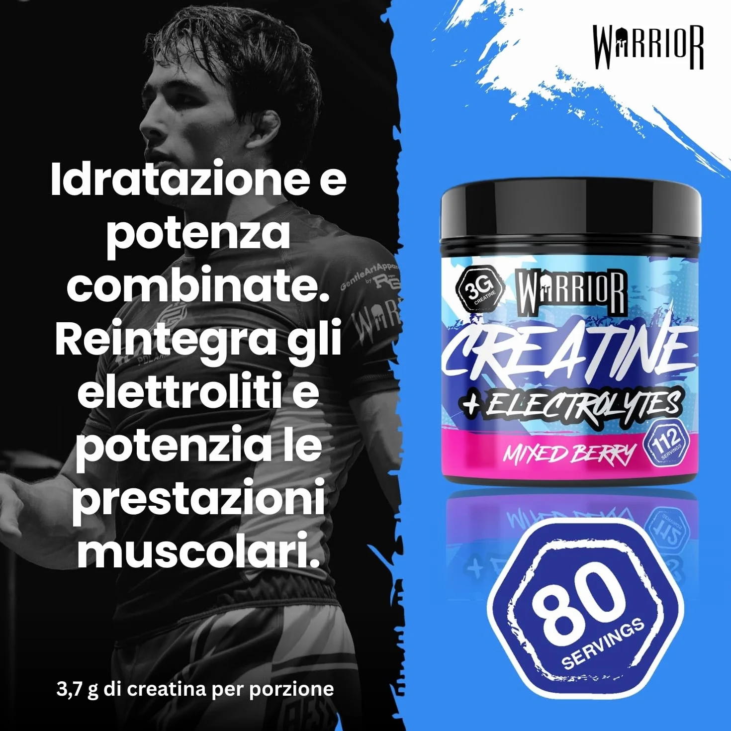 Warrior Creatina Monoidrata + Elettroliti Polvere 360 g, 80 Porzioni – Creatina in Polvere con Sali Minerali, Intra Workout per Massa, Idratazione e Sport, Senza Zucchero – Mix di Frutti di Bosco