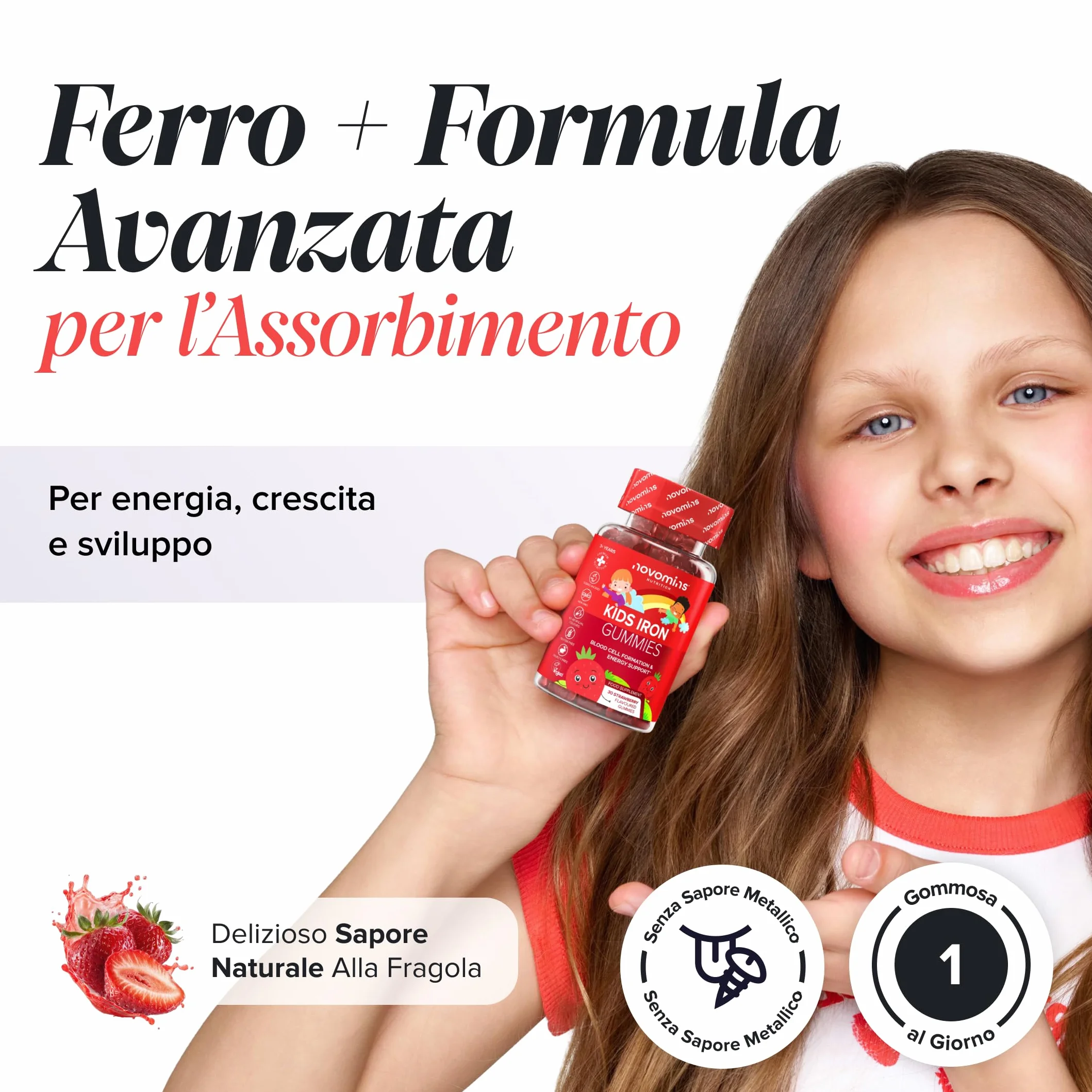 Ferro Bambini Gommose – Ferro + Vitamina C per l'Assorbimento – Energia, Globuli Rossi e Difese – Vegano, Senza Glutine – 30 Gommose Gusto Fragola – Novomins