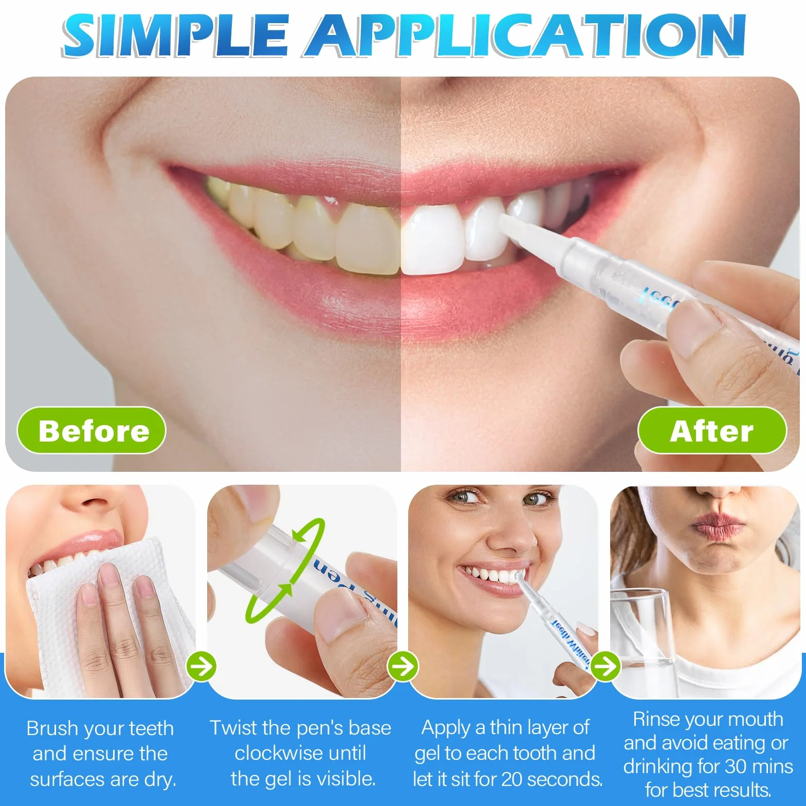 Penna Sbiancante Dei Denti 4-Pack, Gel Sbiancante Dei Denti - Veloce, Delicato, Sicuro Per Smalto, Naturale