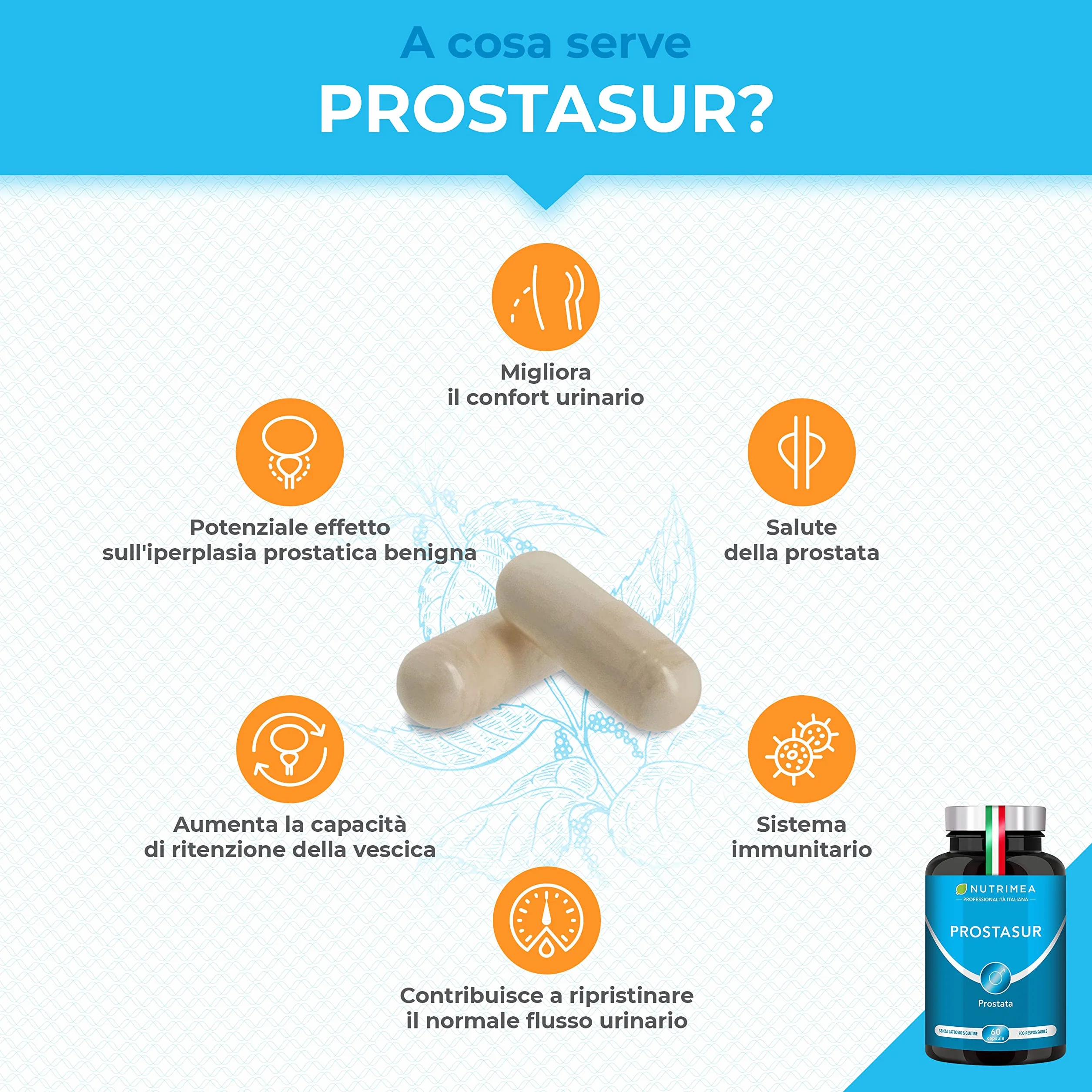 Prostasur Integratore Serenoa Repens 380 mg Saw Palmetto Urtica Diocia Pygeum Africanum Zinco Salute Prostata Vie Urinarie 60 Capsule