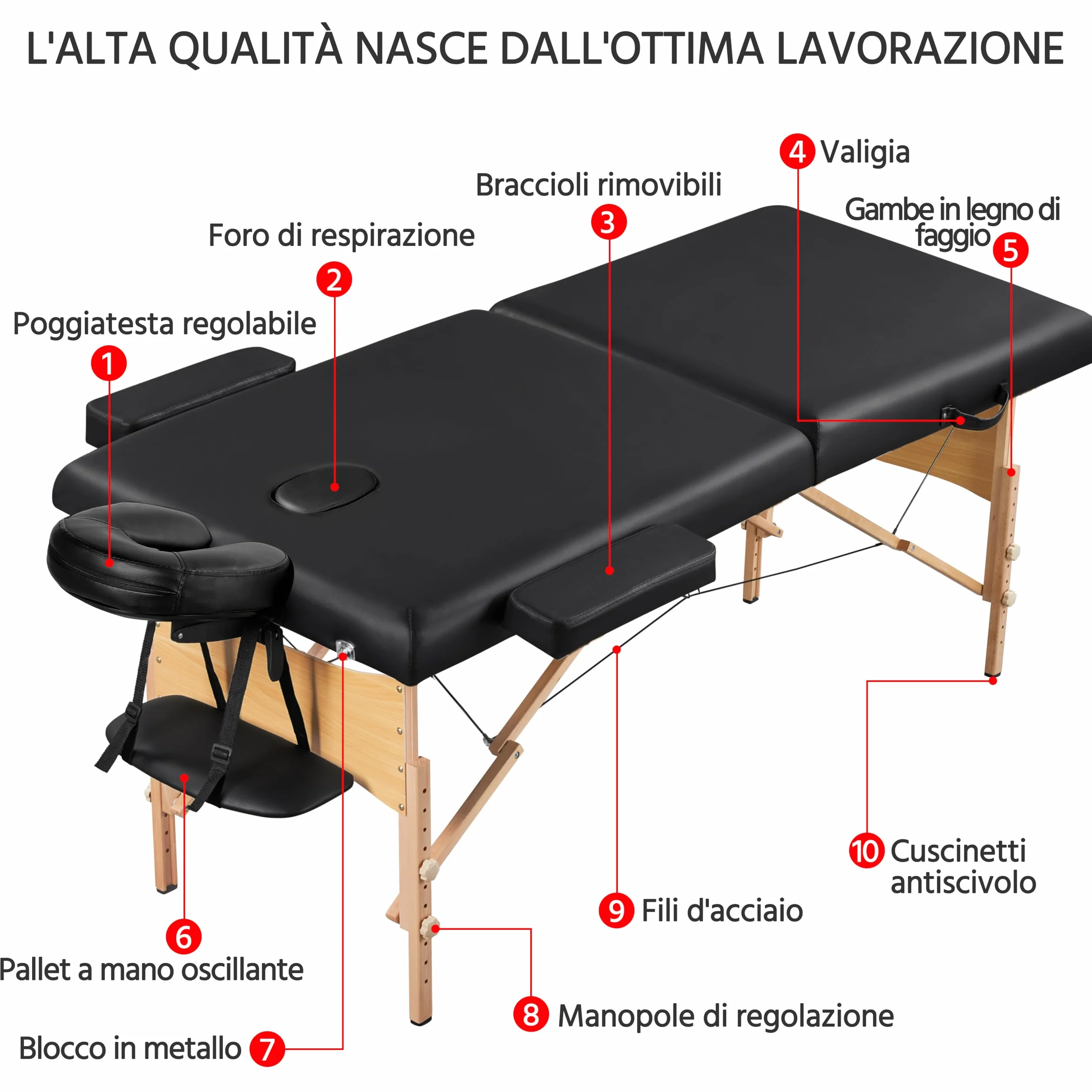 Yaheetech Lettino da Massaggio Pieghevole Portatile 2 Zone Portata 250 kg in Legno Faggio 213 x 70 cm per Fisioterapia Altezza Regolabile Poggiatesta e Briaccioli Rimovibili