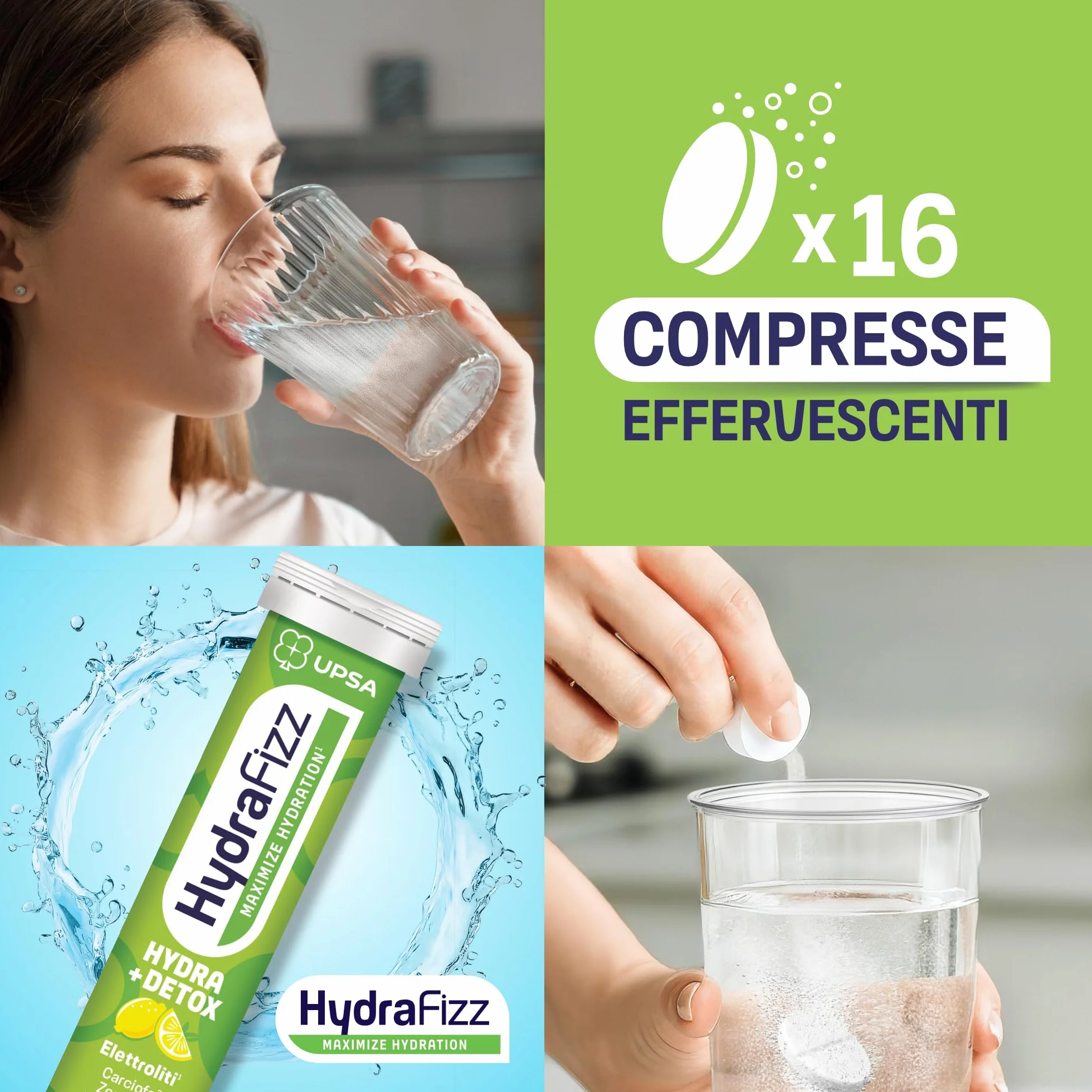 UPSA Hydrafizz Detox 16 Compresse Effervescenti Integratore Alimentare con Elettroliti Carciofo Zenzero Gusto Limone