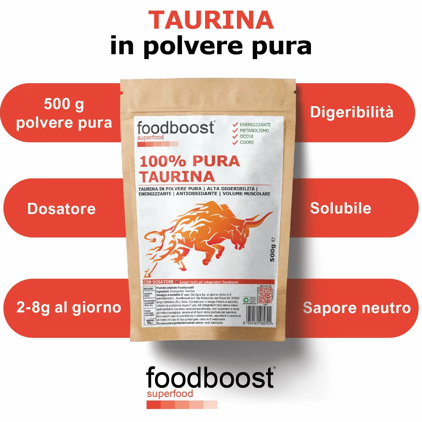 Taurina pura in polvere 500 g foodboost - Ø additivi, dosatore - ipertrofia muscolare - libido - vista, marchio di fiducia italiano, integratore taurina pre workout/post workout - 500 DOSI
