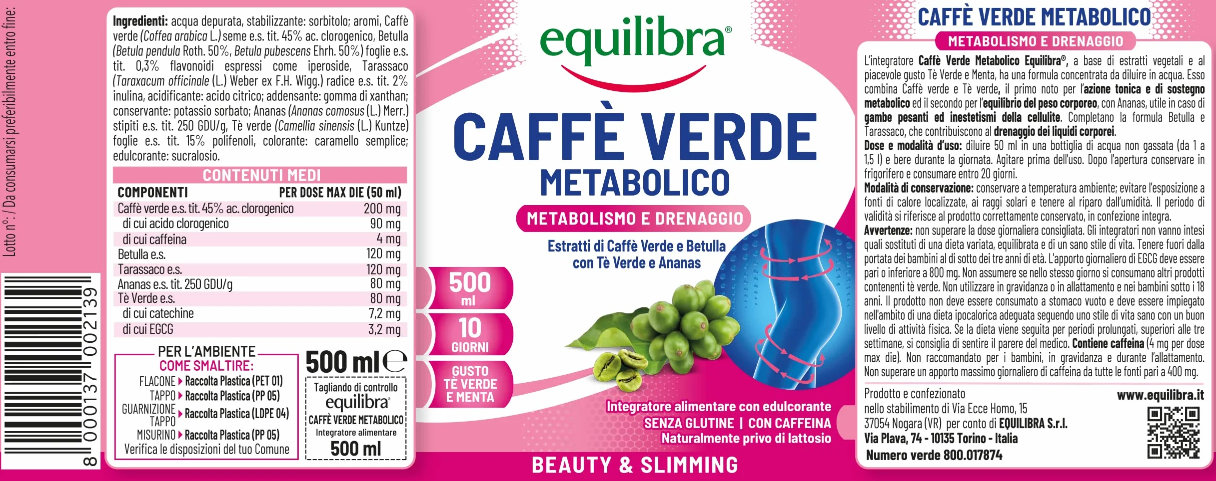 Equilibra Caffè Verde Metabolico Integratore per l'Equilibrio del Peso Corporeo con Tè Verde, Ananas, Betulla, Tarassaco, 500 ml