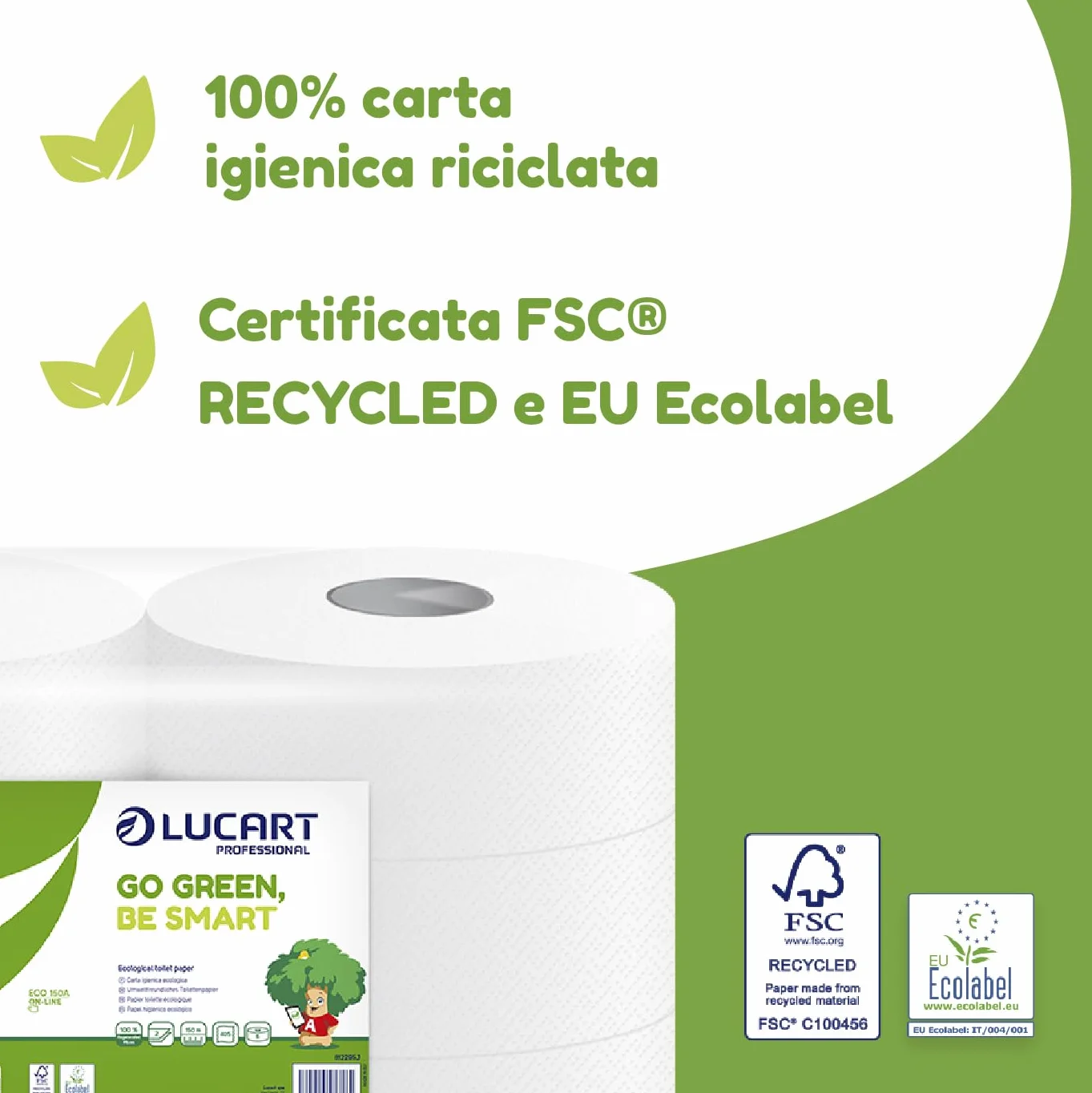 Lucart Professional Carta Igienica Ecologica 6 Rotoli Jumbo 2 Veli 100% Riciclata FSC Recycled Bianco