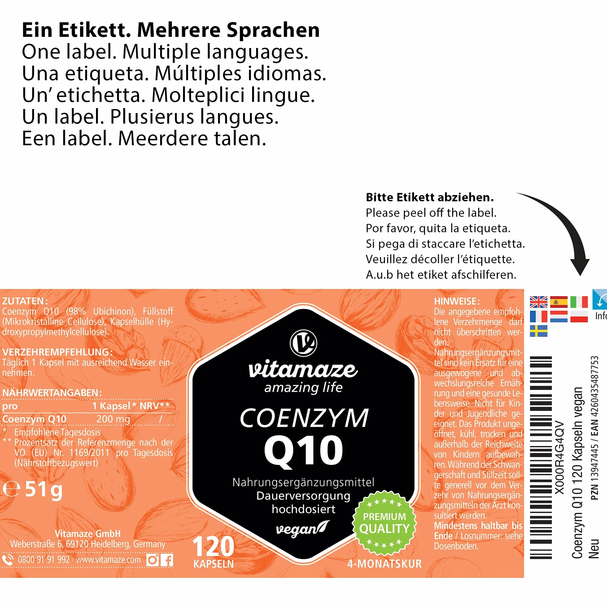 Vitamaze® Coenzima Q10 200 mg per Capsula Vegano, 120 Capsule per 4 Mesi, Ubichinone con la Migliore Biodisponibilità, Integratore Alimentare senza Additivi non Necessari, Qualità Tedesca…