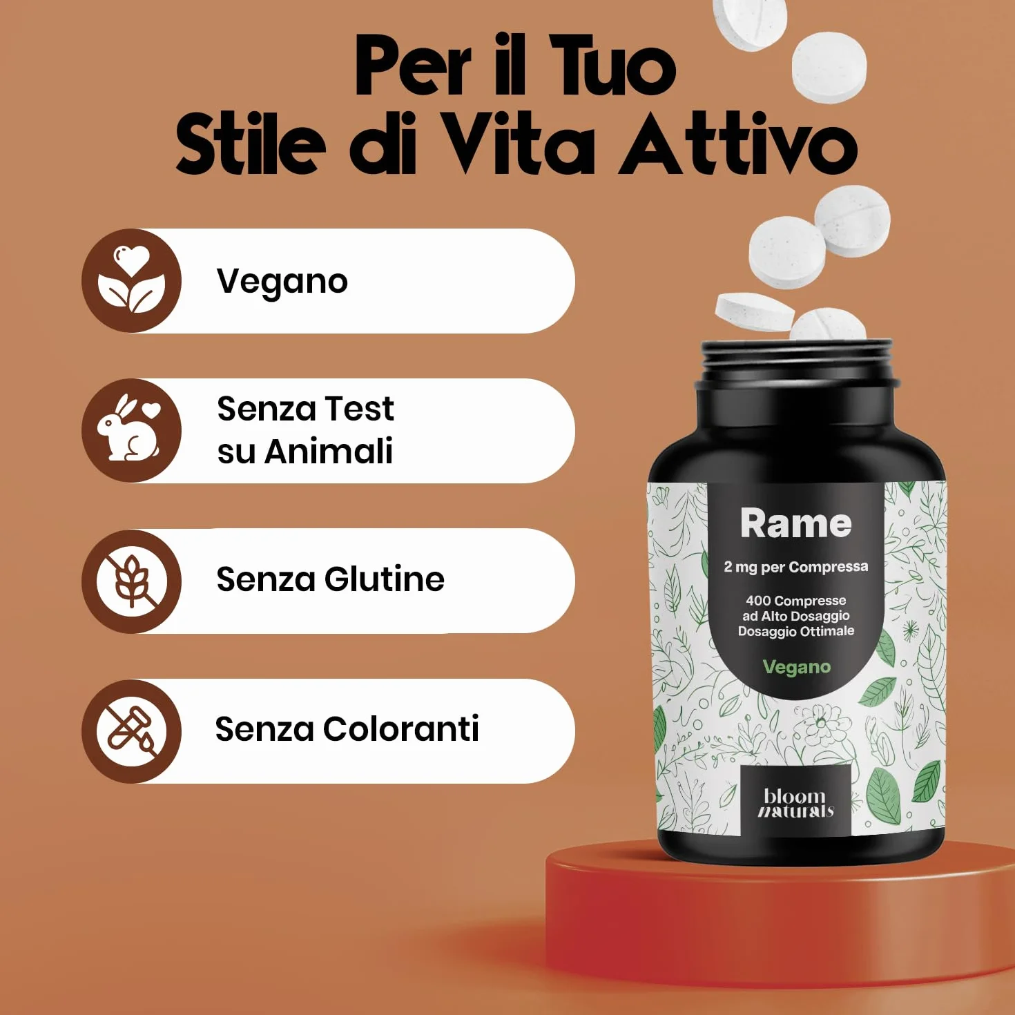 Rame Integratore - 400 Compresse Alto Dosaggio 2 mg - Rame Bisglicinato per Pelle e Capelli - Vegano & Prodotto in Germania - Testato in Laboratorio