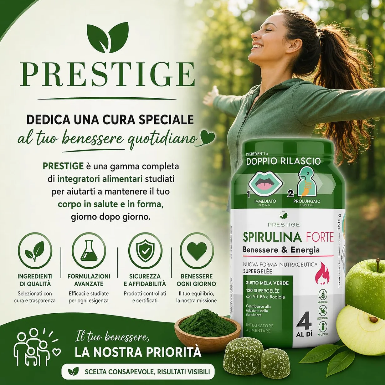 Spirulina Forte Integratore 120 Gommose Supergelée Mela Verde - Energia Focus Mentale Stanchezza Metabolico