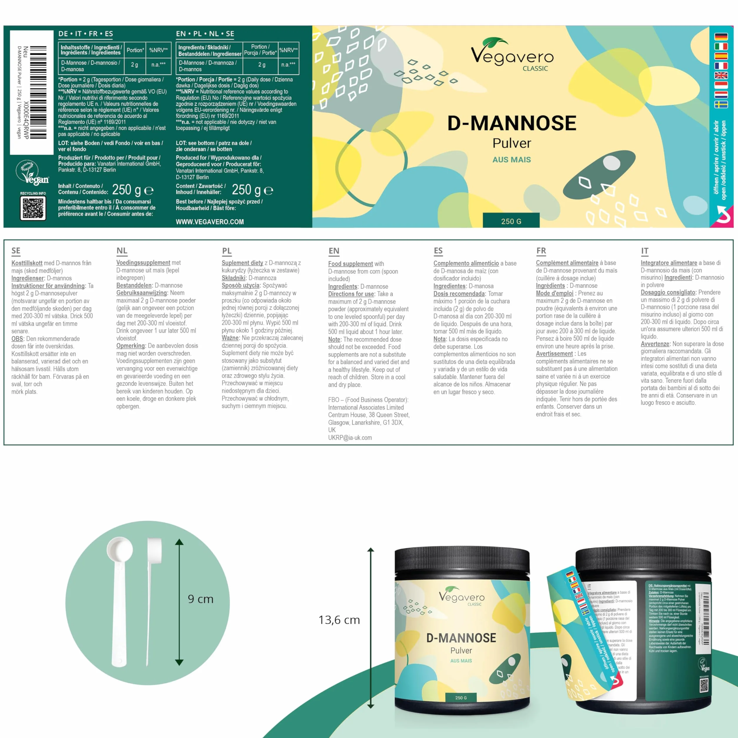 D-MANNOSIO PURO in Polvere Vegavero® 250 g 100% Naturale da Mais Senza Additivi Cistite Benessere Vie Urinarie Con Misurino Vegan