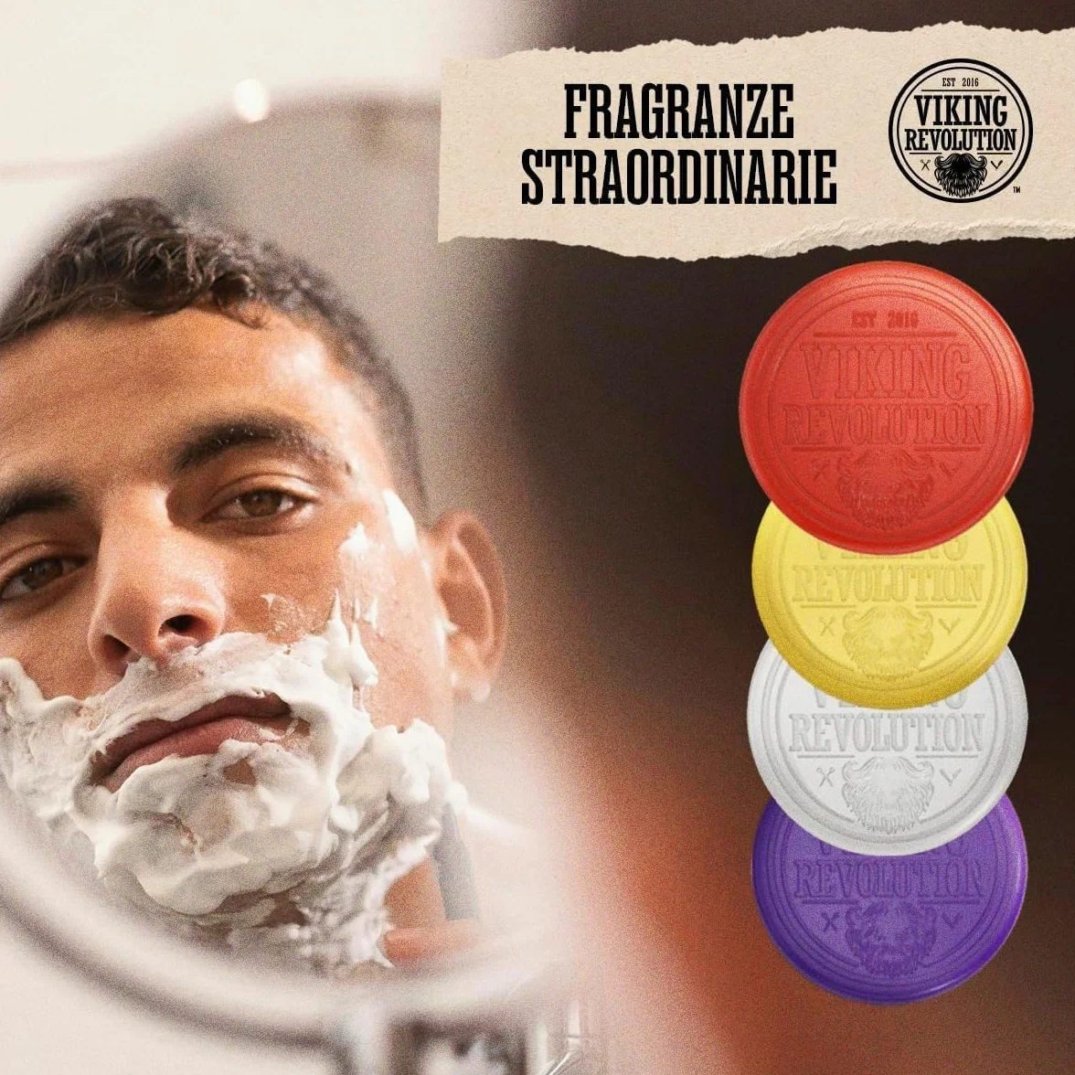 Viking Revolution Sapone da Barba Uomo - Sapone da Rasatura per Uso con Spazzola e Ciotola - Rasatura a Umido più Morbida - Confezione Assortita da 4 Saponette per Rasatura da 70 g.