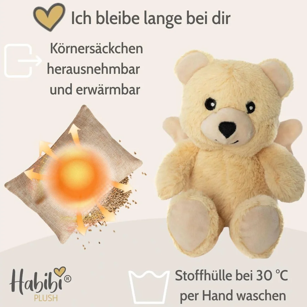Habibi Premium Midi Deluxe – 2032 - Orso angelo custode con ali con sacchetto di grani estraibile, cuscino termico per riscaldare nel forno a microonde