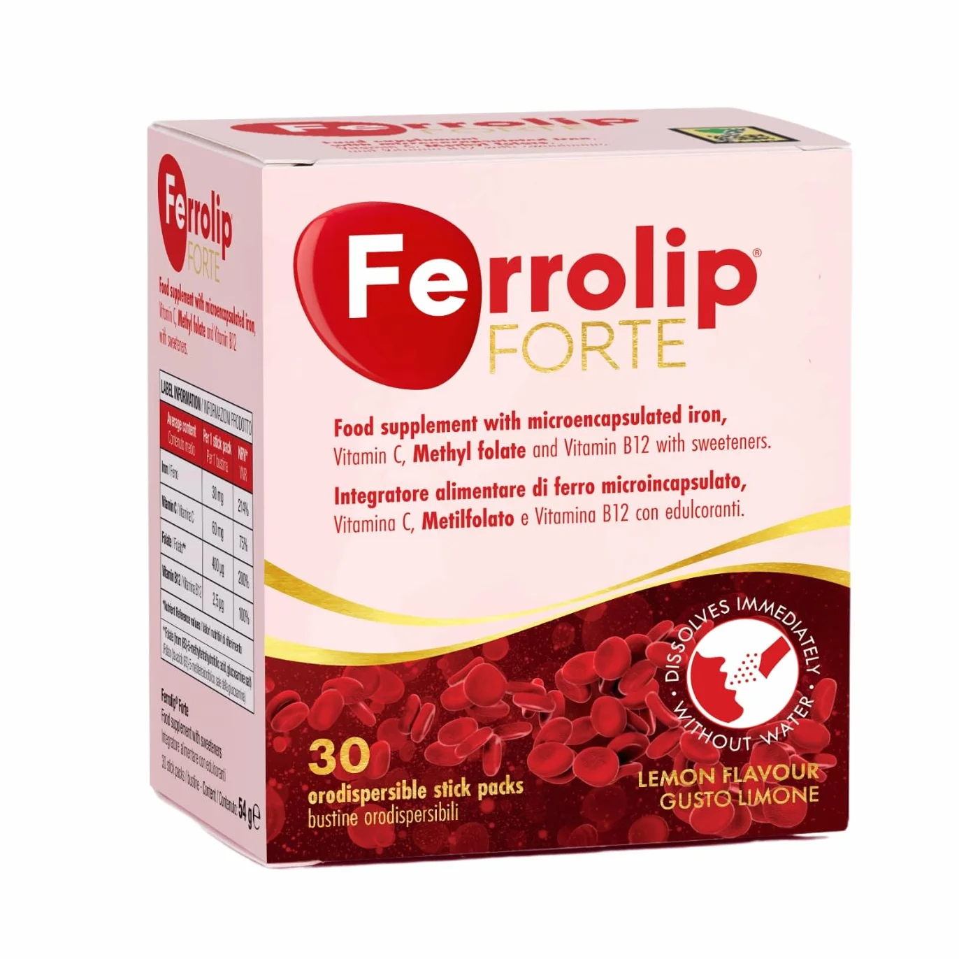 Ferrolip Forte Integratore Ferro e Acido Folico (30 Bustine Orosolubili al Limone) - Senza Fastidi Gastrointestinali - Privo di Sapore Metallico - Con Vitamina C e B12
