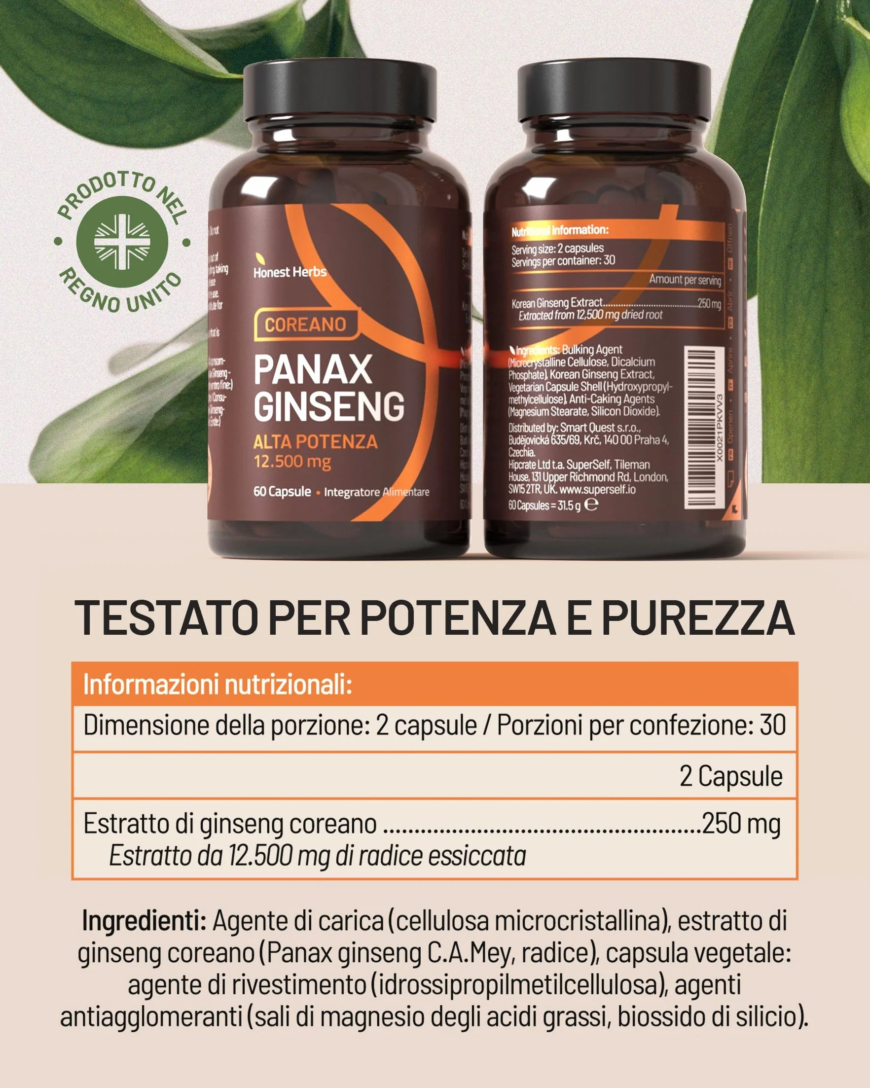 Panax Ginseng Rosso Coreano 12.500 mg 30% Ginsenosidi 60 Capsule Integratore Vegano