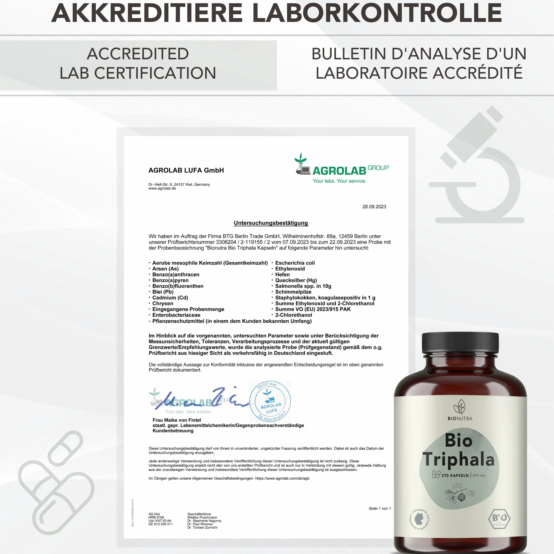 BIONUTRA® Capsule Triphala bio alto dosaggio, 1200 mg/giorno, controllo residui, produzione tedesca, vegane, senza lattosio né glutine, senza additivi, polvere Triphala bio, 270 x 600 mg
