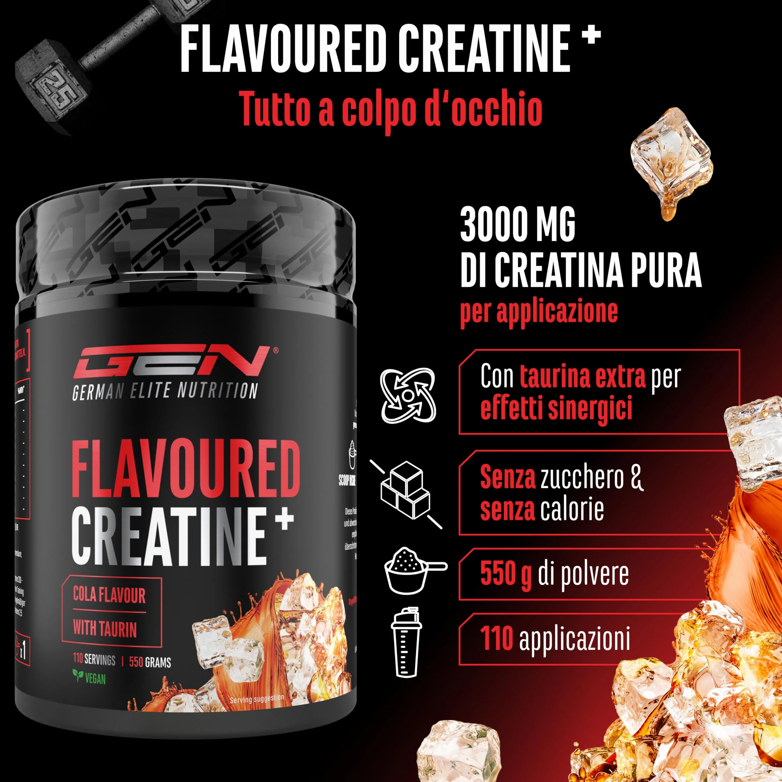 Flavoured Creatine polvere - 550 g - creatina monoidrato + L-taurina - creatina micronizzata aromatizzata - senza zuccheri & ottima solubilità - vegano (Cola)
