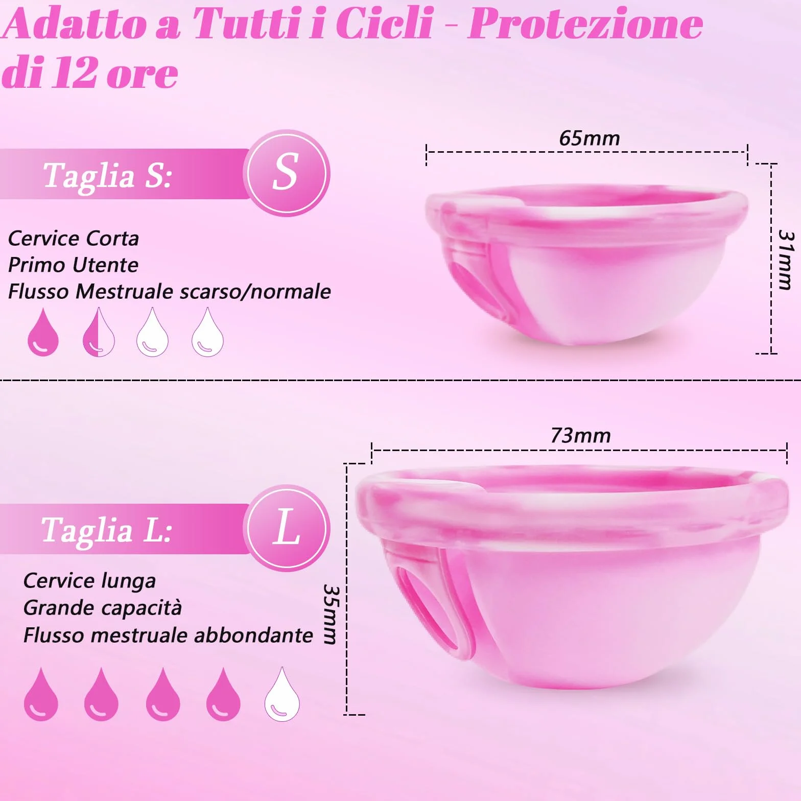 Robofun Disco mestruale, 2 pezzi (S+L) - Coppa mestruale riutilizzabile in silicone medico 100% per tutte le correnti, senza pericolo per lo sport e il nuoto -Bianco&Viola