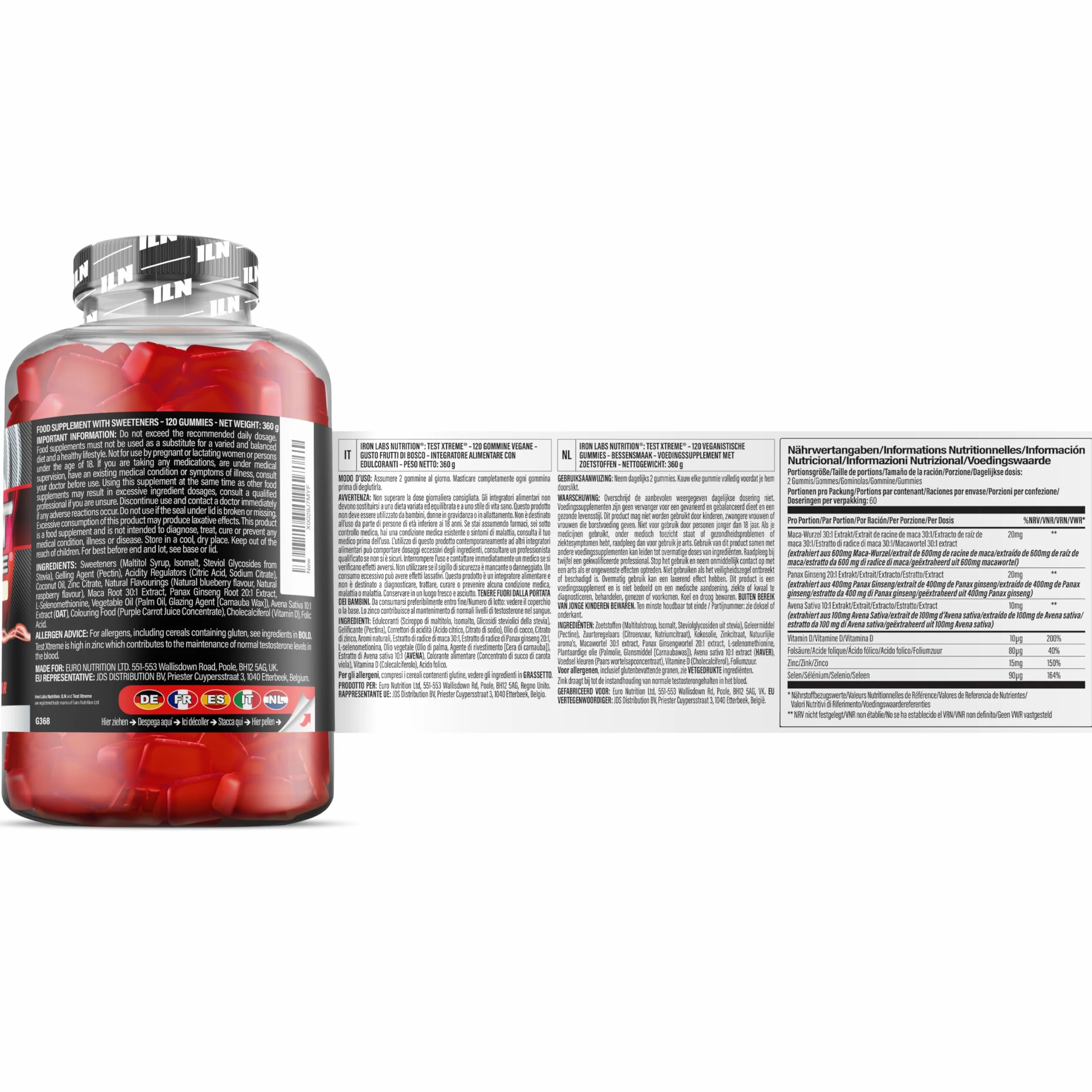 Test Xtreme Gommose Uomo - Booster Alta Potenza con Maca 30:1, Ginseng, Zinco - Senza Zucchero, Frutti di Bosco - 120 Gommose Vegane