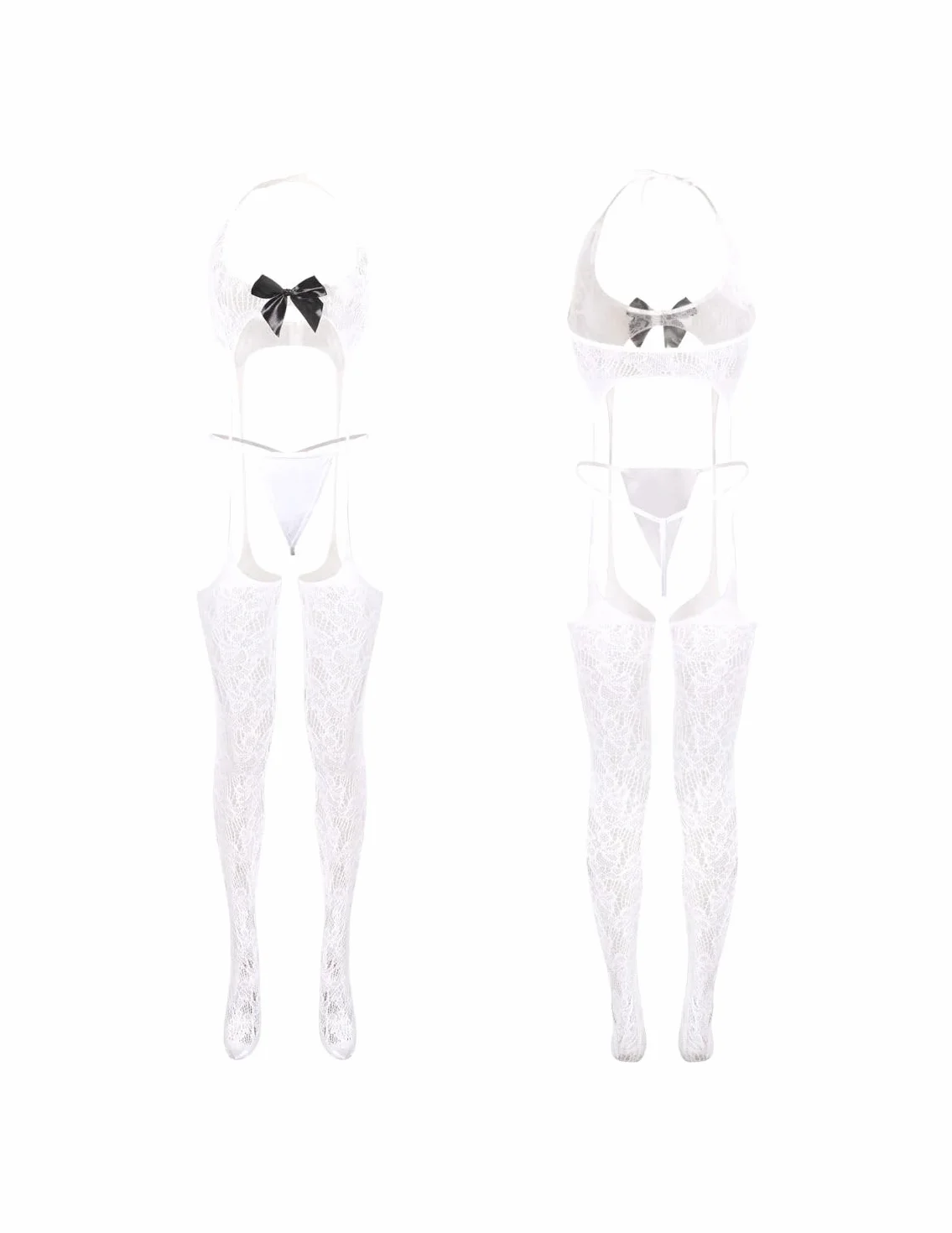 Body Rete Sexy Donna con Calze,Bodystocking Prospettiva Hot,Set Lingerie Fiocco Reggicalze,Collant Pizzo Hollow,Biancheria Intimo Babydoll Trasparente Reggiseno,Indumenti Notte Maglia +G-String