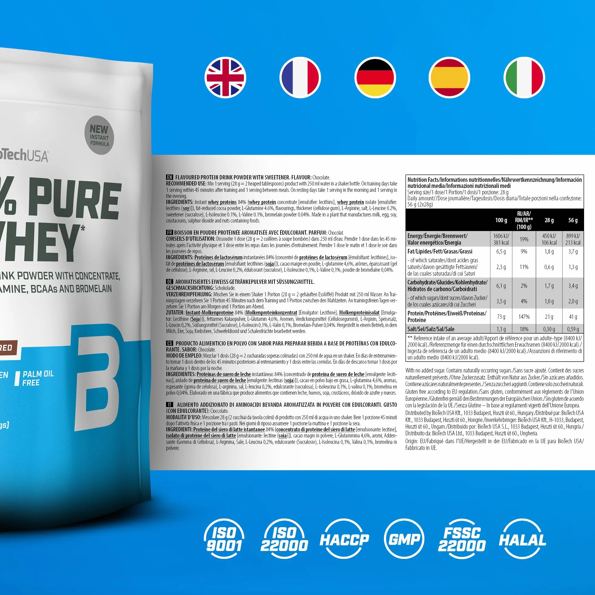 BioTechUSA 100% Pure Whey Proteine del siero di latte con bromelina, senza zuccheri, 1 kg, Cioccolato
