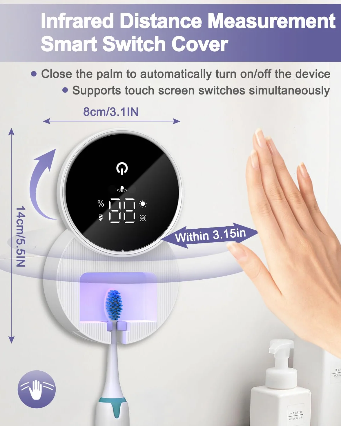 Sanitizer e supporto per spazzolino da denti UV, disinfettante per spazzolino da denti da parete con funzione di sterilizzazione e asciugatura, schermo intelligente a LED, copertura auto-induttiva