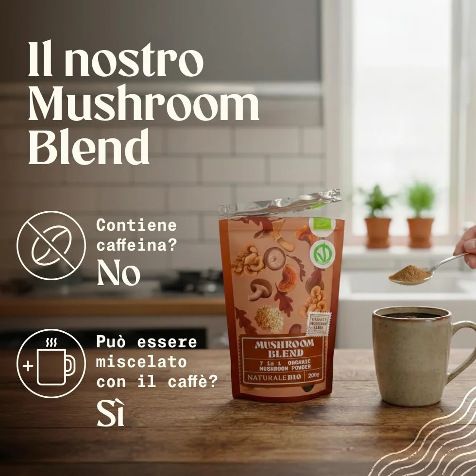 NaturaleBio Miscela di funghi in polvere 200g. Aumenta l'energia, favorisce la concentrazione, supporta l'intestino e il sistema immunitario. Bio, vegano, senza glutine e non OGM. Facile da consumare.
