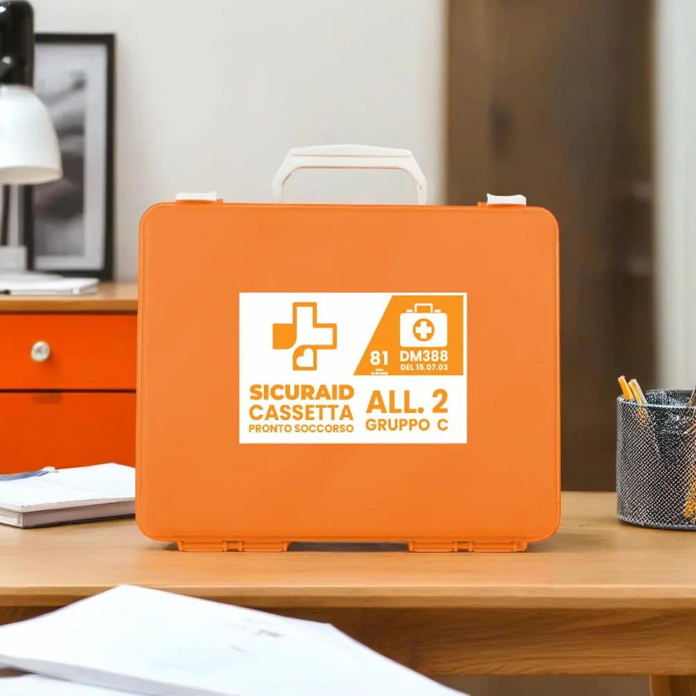 SICURAID Cassetta Pronto Soccorso Aziendale DM 388/2003 CE MDR Kit Medico Certificato Arancio Gruppo C 2 Dipendenti