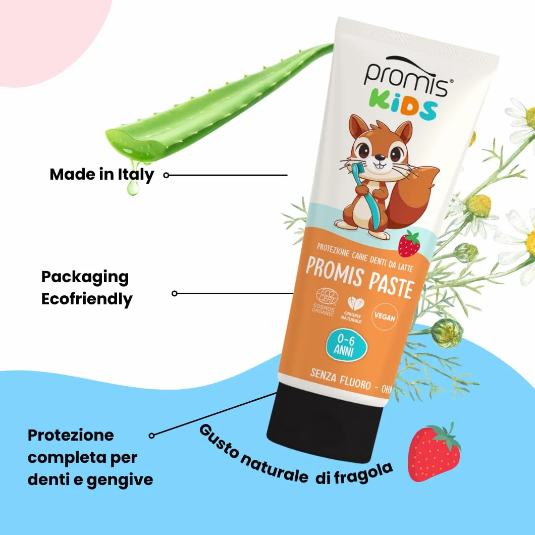 PROMIS Paste Kids 0–6 Anni, Senza Fluoro, Bio, Fragola e Sicuro Se Ingerito | Dentifricio con idrossiapatite anti-carie, formula delicata per l’igiene quotidiana dei denti da latte.