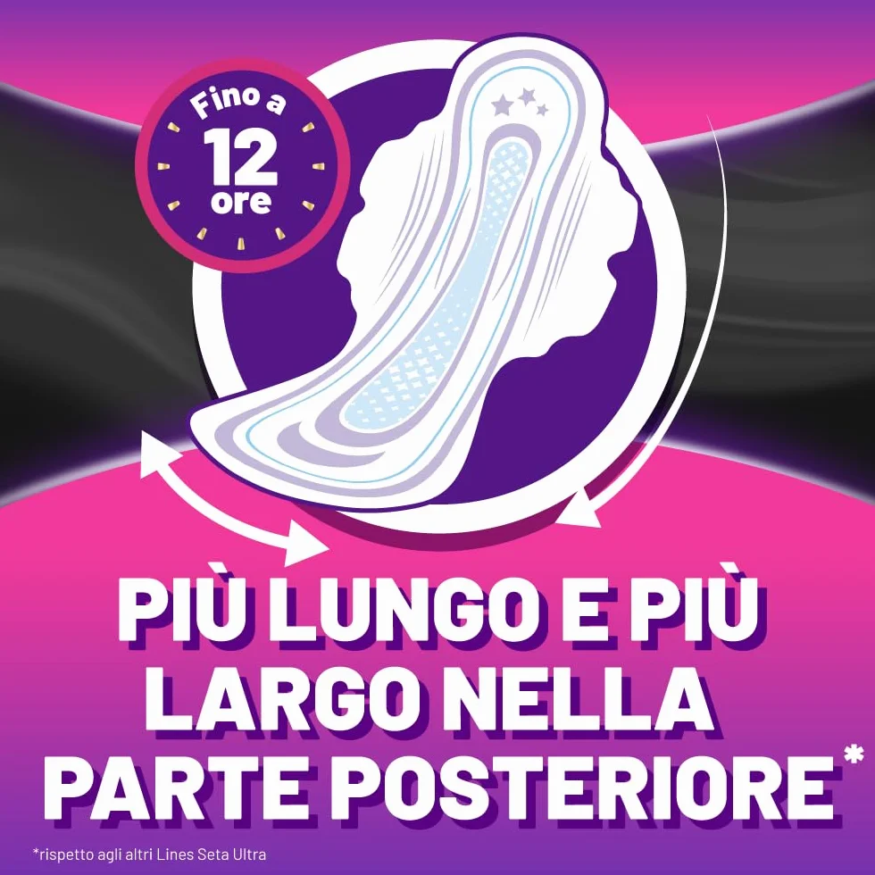 LINES SETA ULTRA EXTRA NOTTE con ali, Pacco scorta da 128 assorbenti per ciclo mestruale, extra protezione per la notte fino a 12 ore, zero odori, Ipoallergenico, cuore lines super assorbente