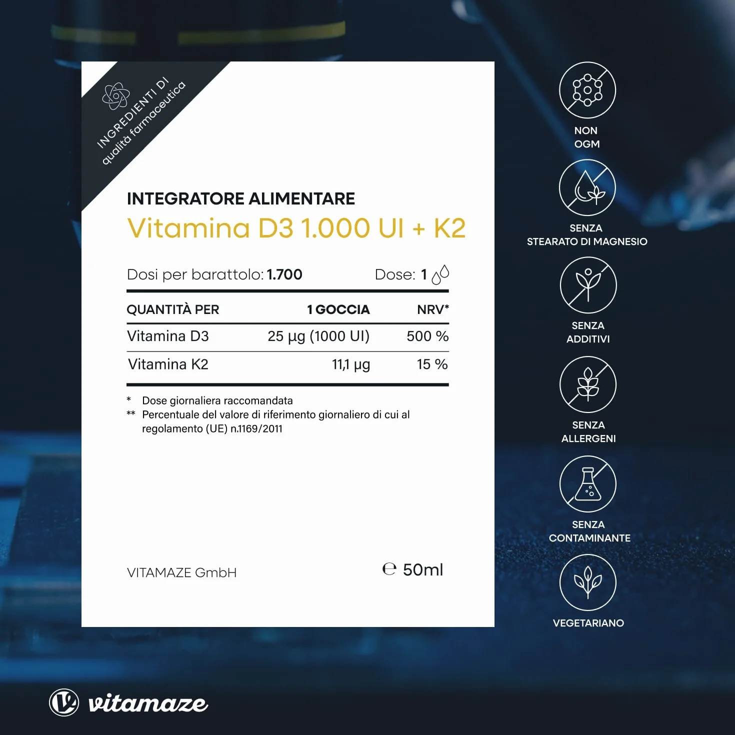 Vitamina D3 + K2 Gocce, 1000 UI ad Alta Dose, Vegetariano & Liquido (99,7+% All-Trans MK-7), 50 ml (1700 Gocce), Elevata Biodisponibilità, Nessun Additivo Inutile, Vitamaze