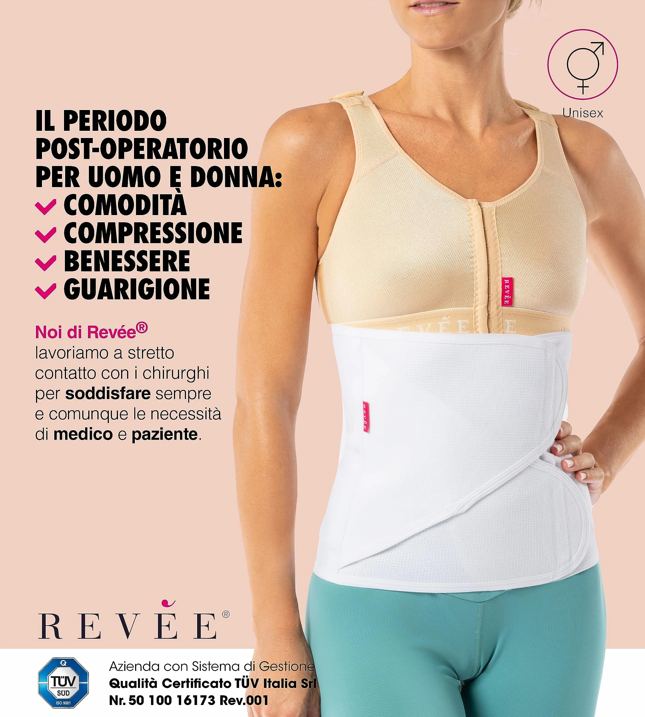 REVÉE Fascia Addominale Post-Operatoria h26 cm - Binder per Terapia Post-Addominoplastica, Lipoaspirazione, Ernia Addominale, Ernia Ombelicale, Parto Cesareo, Fascia Compressiva Unisex (Bianco, XXL)
