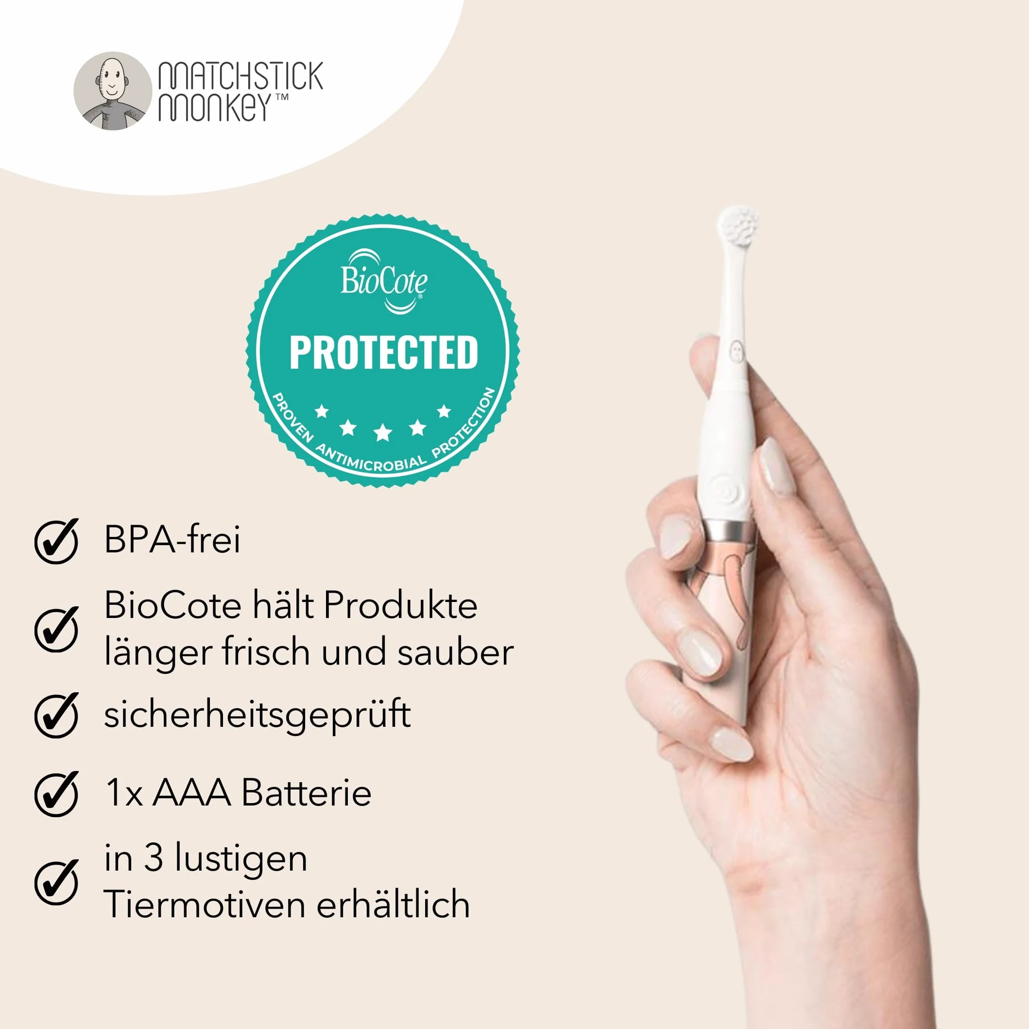 Matchstick Monkey Baby Electric Sonic Toothbrush, Antimicrobial Protection, Suitable from 3 Months, Dusty Pink
