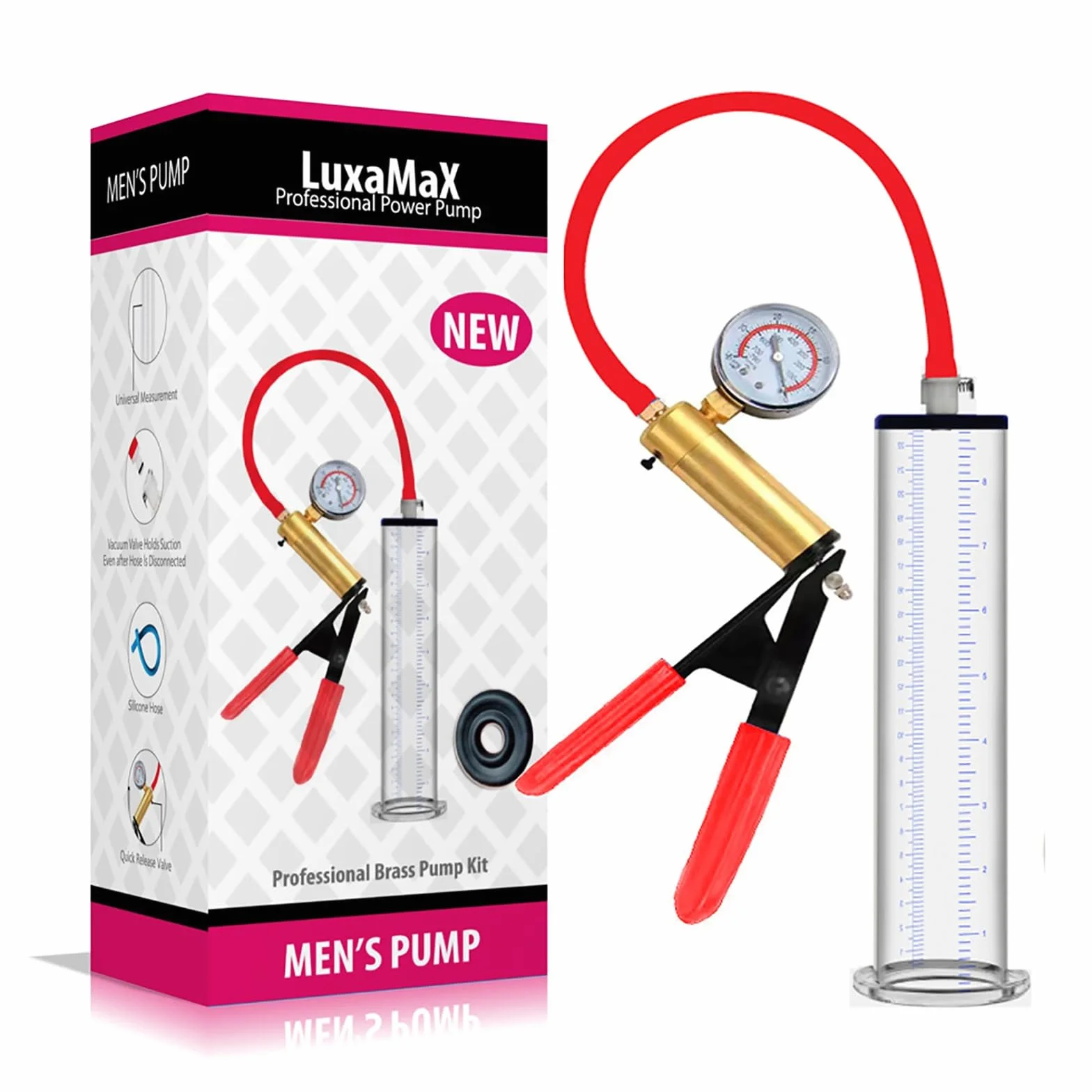 Pompa for pene con manometro a vuoto, manico rosso, pompa manuale for pene uomo, ingrandimento, ingrandimento del con 12 misure for uomo(9 * 1.75in/23 * 4.4cm)