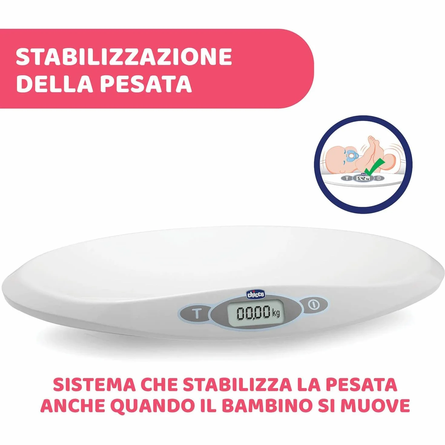 Chicco Bilancia Elettronica Digitale Pesa Bambini Neonati 20 kg LCD Display Tara Stabilizzatore Memoria Ultima Pesata Bianco