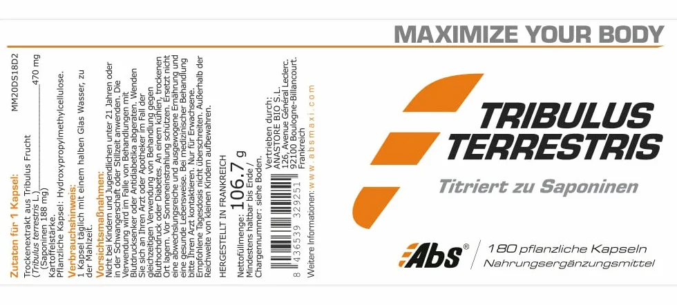 Tribulus terrestris 470 mg 180 capsule Titolato 85% saponine Tono muscolare Energia