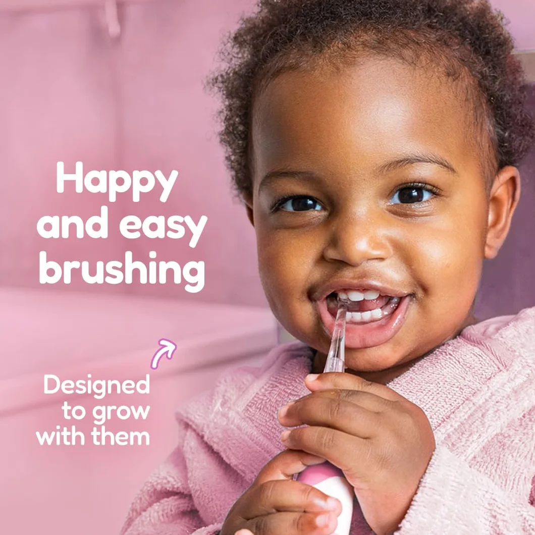 Brush-Baby - BabySonic - Spazzolino elettrico rosa, 0-36 mesi, morbido e delicato, per gengive sensibili e denti nuovi, con luce LED e base di aspirazione, testine per neonati e bambini
