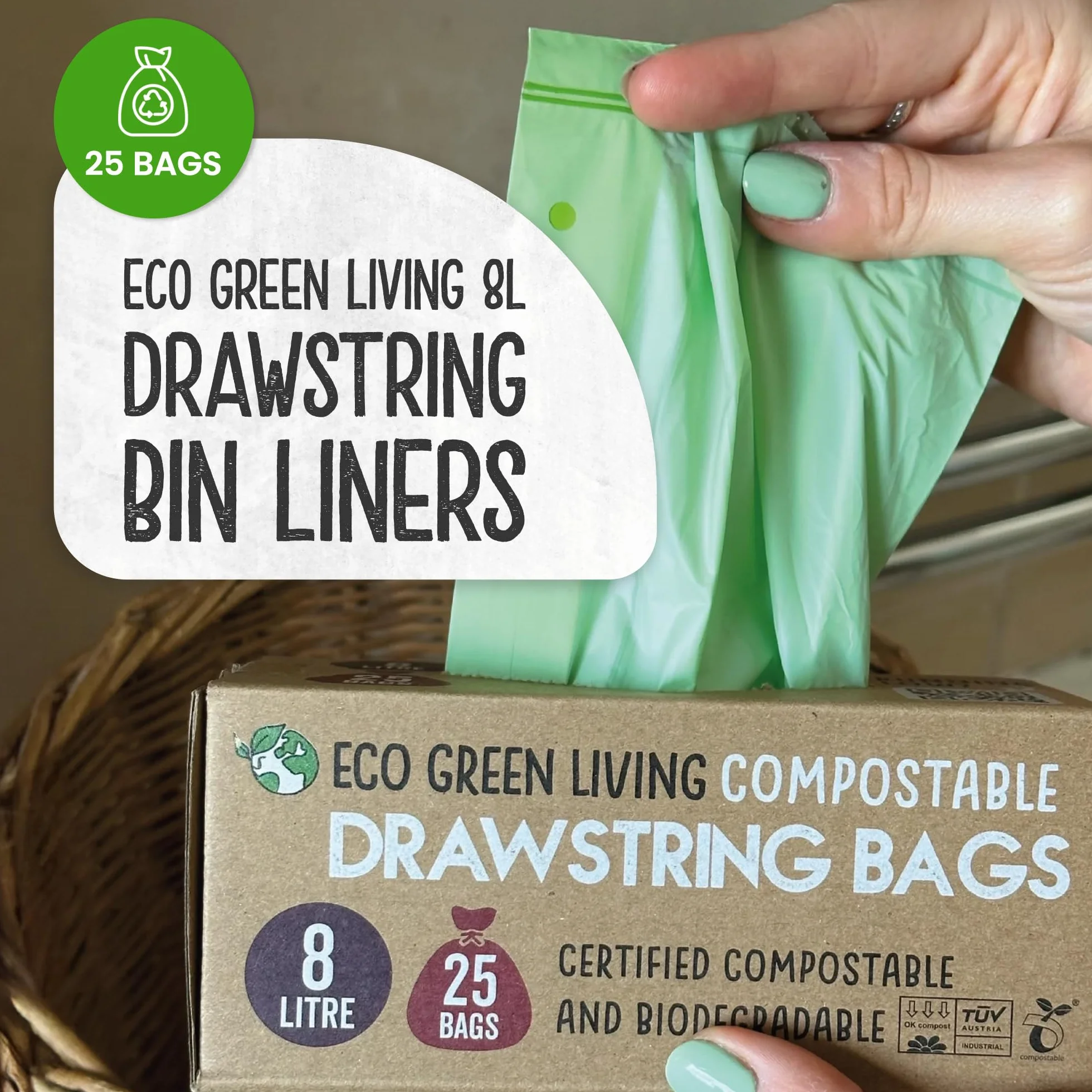 Eco Green Living Sacchi per la spazzatura compostabili 8 litri 40x45 cm 25 sacchetti