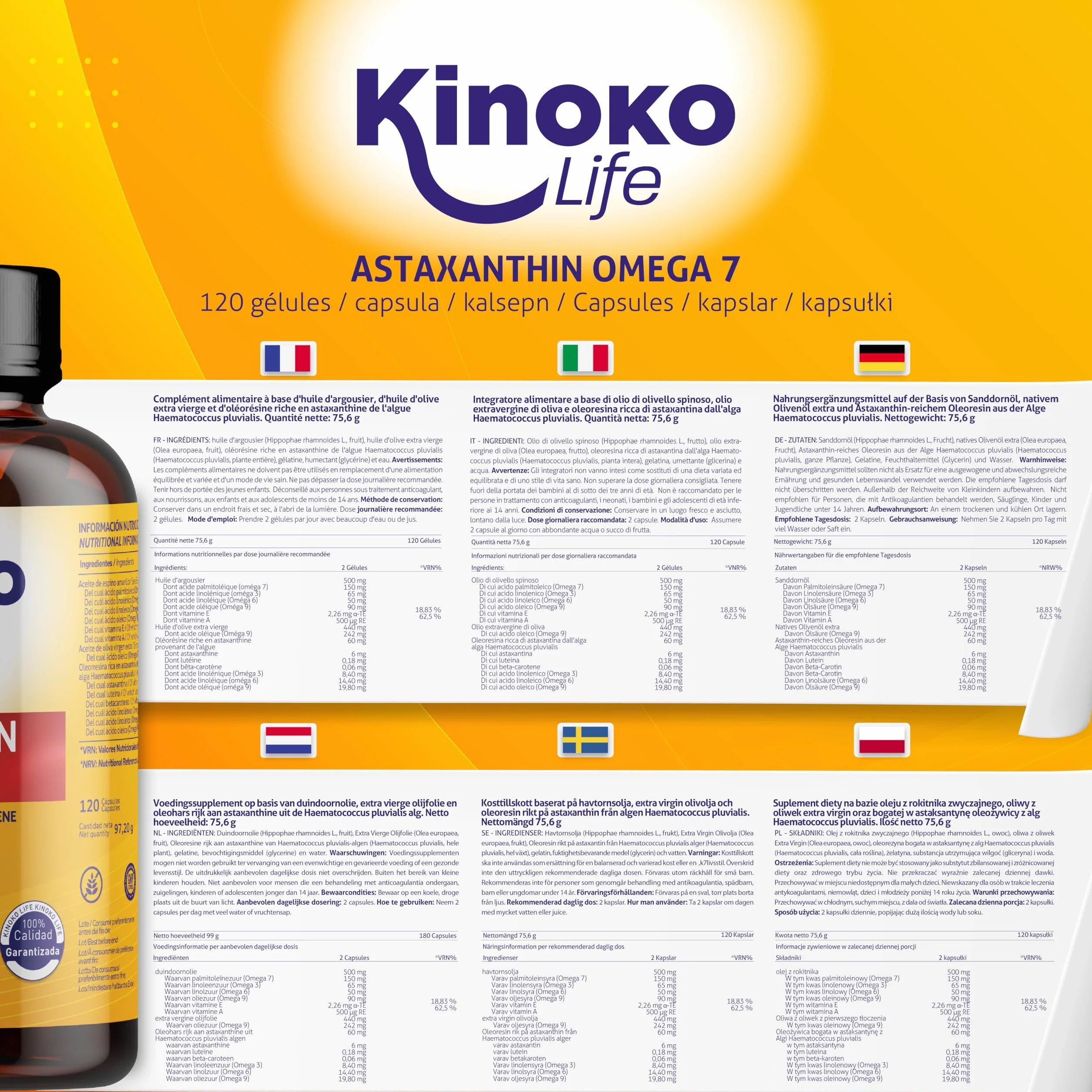 Astaxantina e Omega 7 dall'olio di olivello spinoso - 120 capsule con Omega 3, 6, 7, 9, luteina, betacarotene, vitamine E e A
