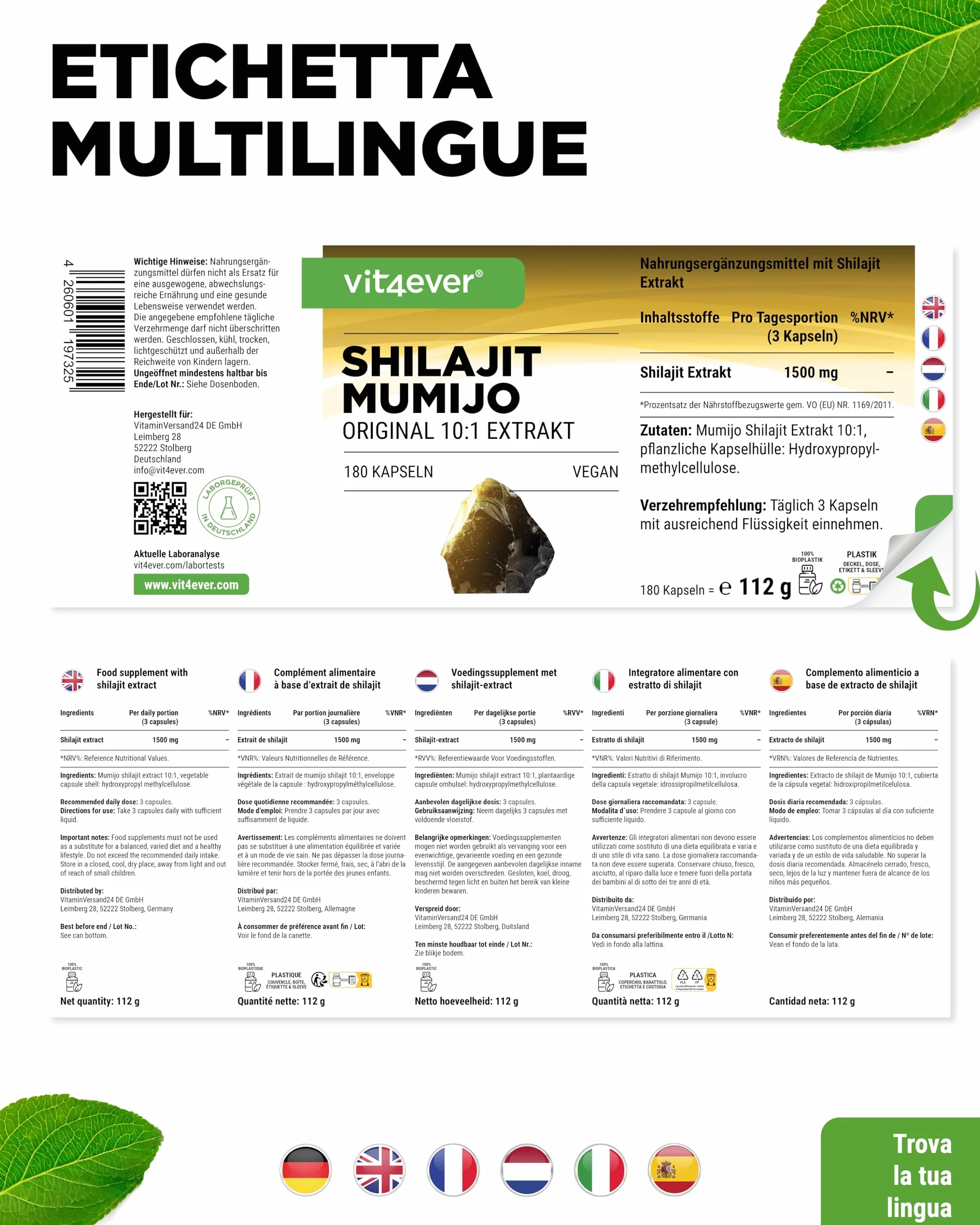 Mumijo Shilajit -180 capsule - Altamente dosato con 1500 mg per dose Giornaliera - Estratto Originale dell'Himalaya 10:1 - Senza additivi indesiderati - Vegan