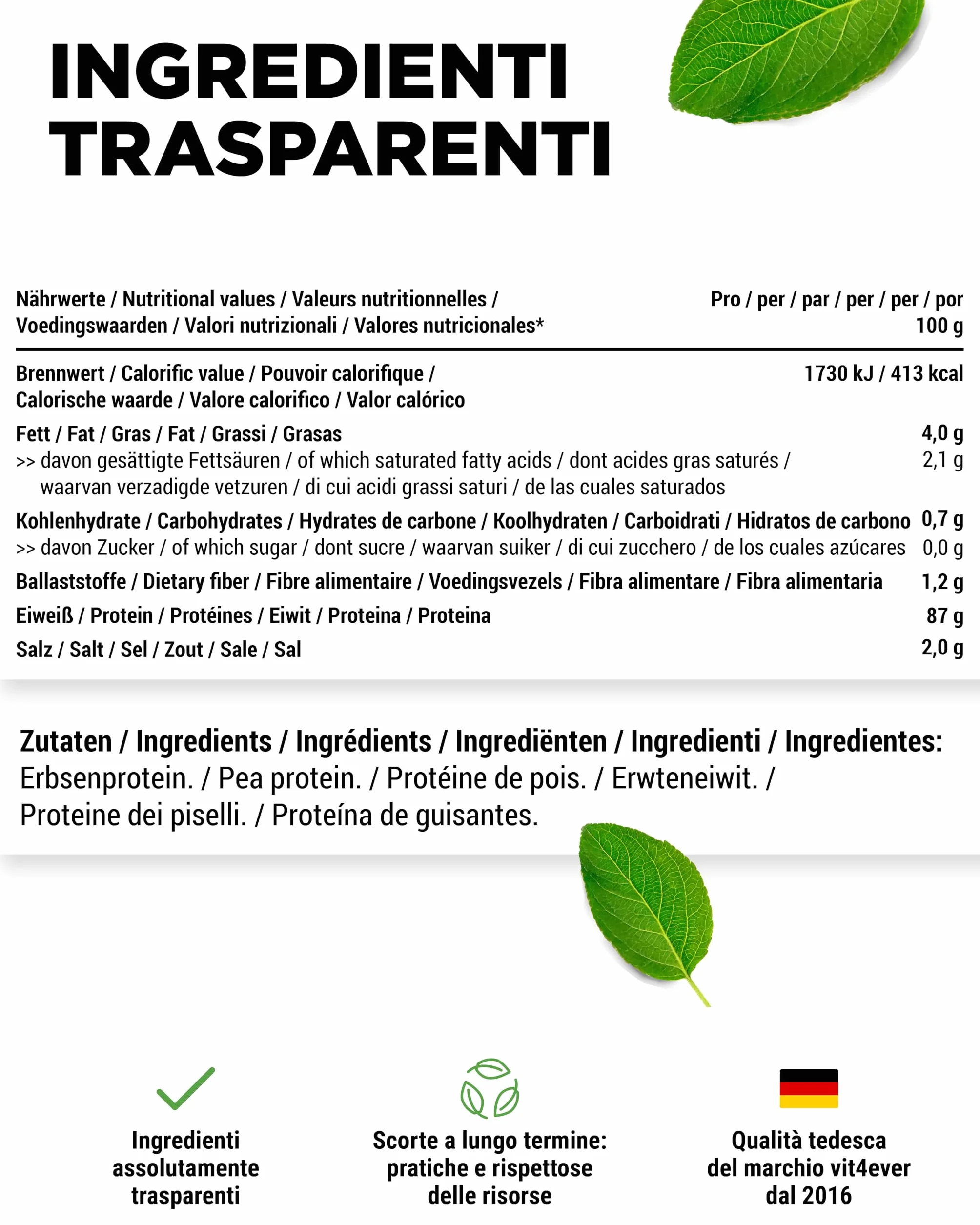 Proteine del Pisello in Polvere 1000g 87% Proteine 100% Isolate Vegane Senza Zucchero Glutine Soia Lattosio