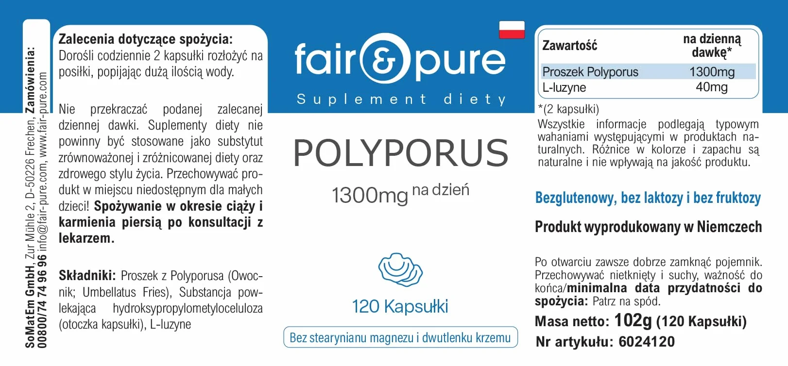 Fair & Pure® - Polyporus umbellatus - Polyporus 1300mg - Vegan - Polvere in capsule - 120 Capsule