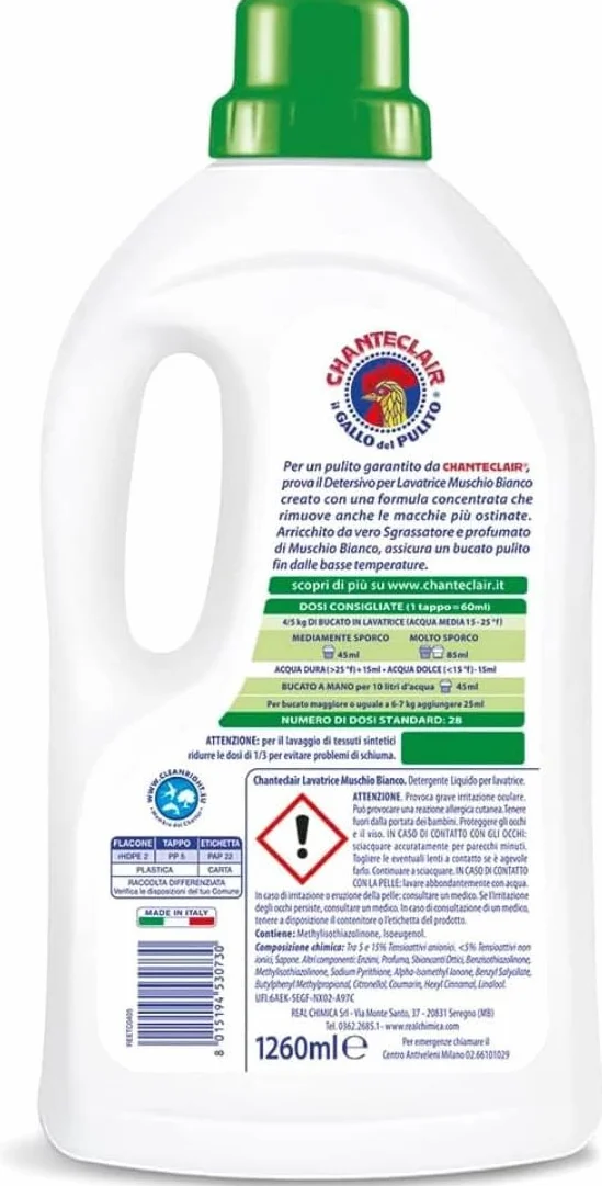 Chanteclair - Detersivo per Lavatrice, Profumo Muschio Bianco, Formula Concentrata, con Vero Sgrassatore - 3 Flaconi da 1260 ml