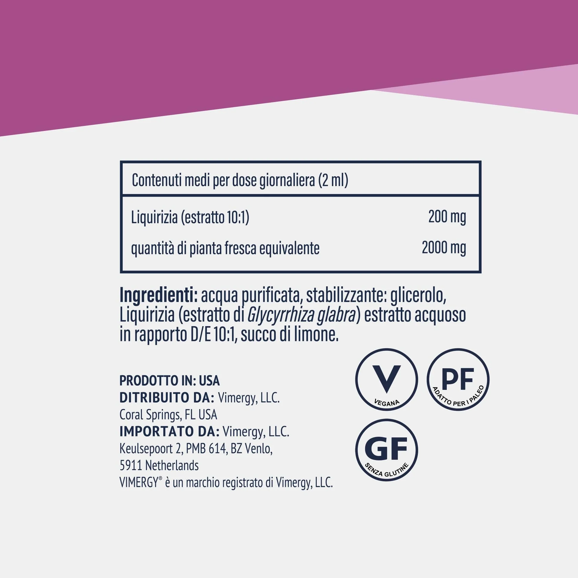 Vimergy Liquirizia Gocce Integratore Vegano 57 Dosi 115 ml Senza Zucchero Senza OGM