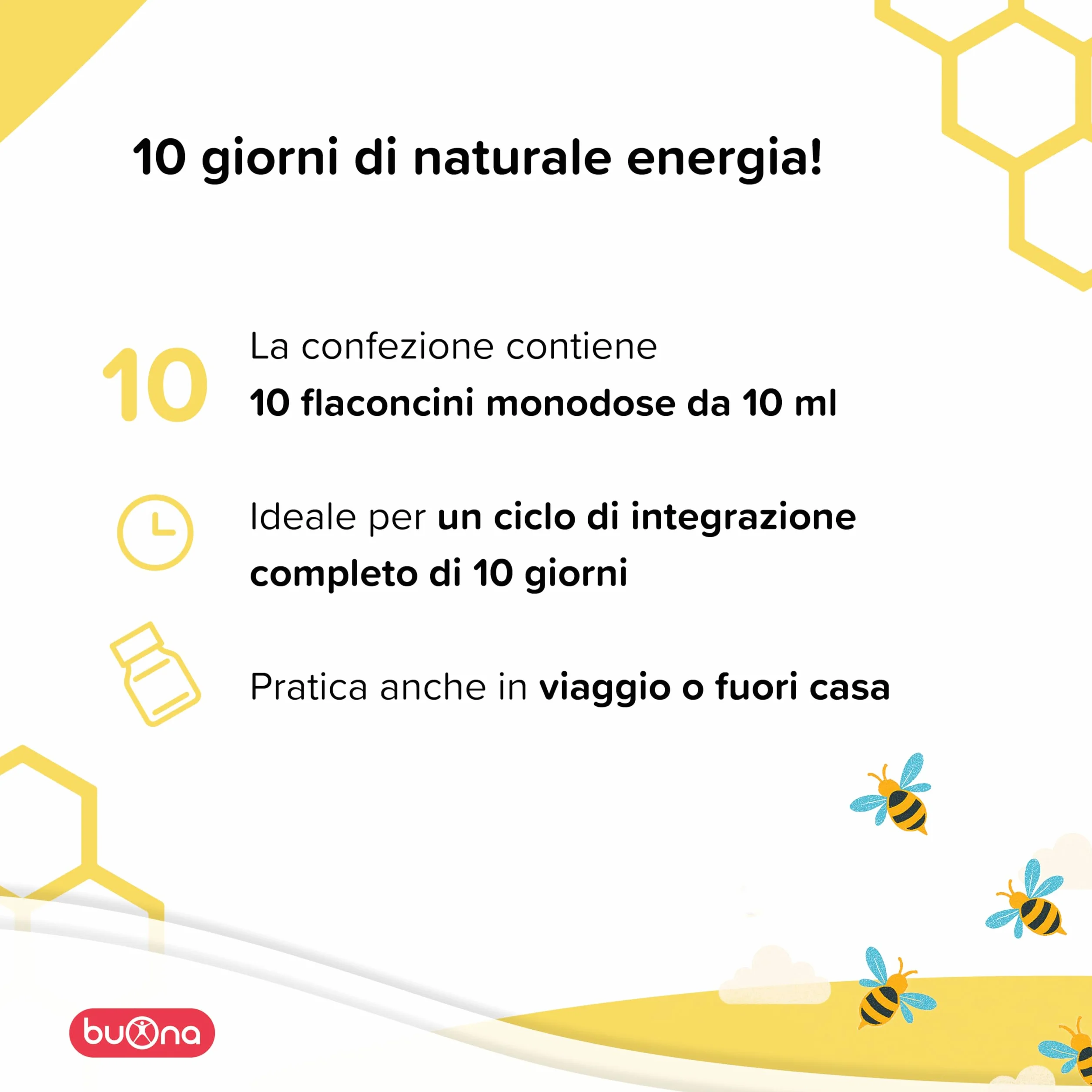 Buona Energia Oro Flaconcini Bambini 10 x 10 ml Integratore Stanchezza con Pappa Reale, Vitamine B1, B2, B6, Rosa Canina, Mirtillo Nero