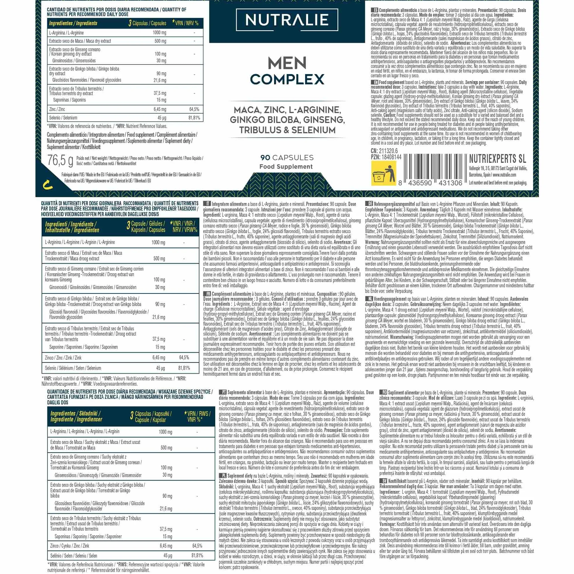 Vitamine TESTO Uomo - Potenza 4:1 Maca 500mg - Ginseng + Ginkgo Biloba + Tribulus Terrestris, L'Arginina - Men Complex 90 Capsule Nutralie