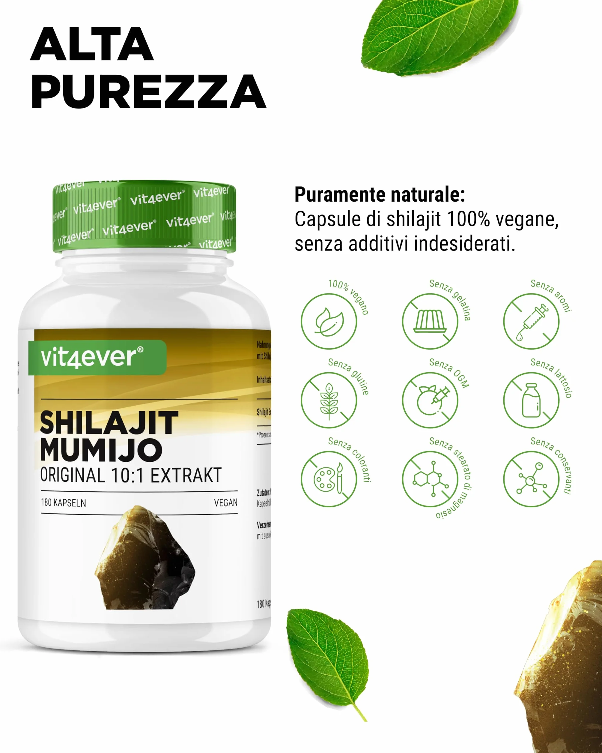 Mumijo Shilajit -180 capsule - Altamente dosato con 1500 mg per dose Giornaliera - Estratto Originale dell'Himalaya 10:1 - Senza additivi indesiderati - Vegan