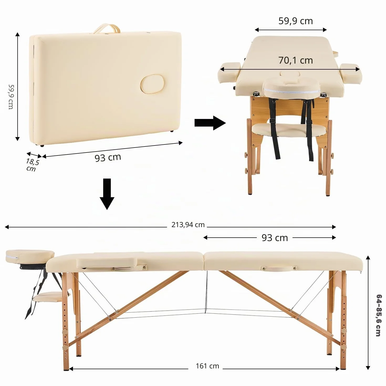YOUNIKE Lettino Massaggio Portatile Pieghevole 186x60 cm Legno Faggio 2 Zone 250 kg Altezza Regolabile Poggiatesta Braccioli Rimovibili Beige