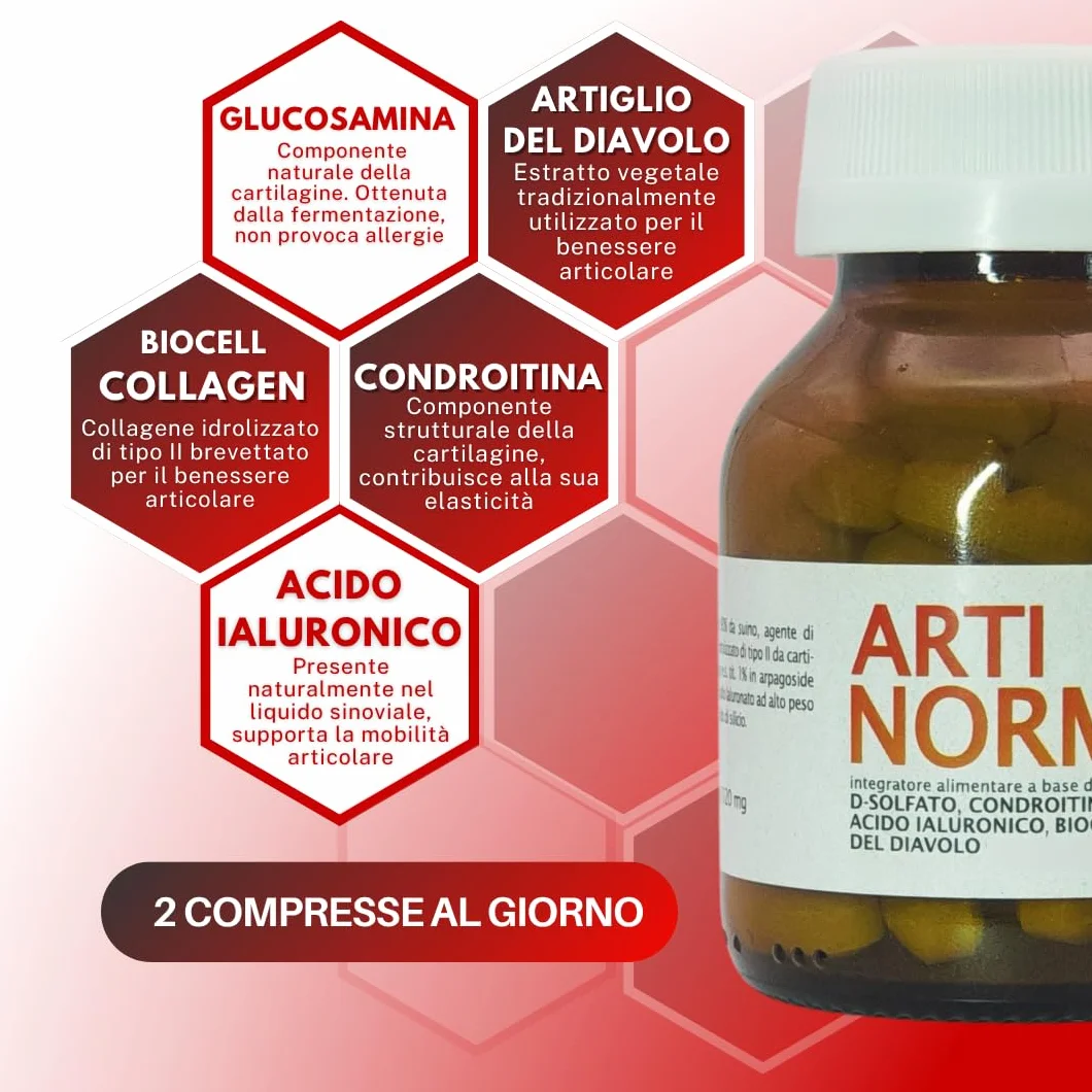 ARTINORM Integratore Alimentare – 60 Compresse con Glucosamina, Condroitina, Acido Ialuronico e Collagene BioCell