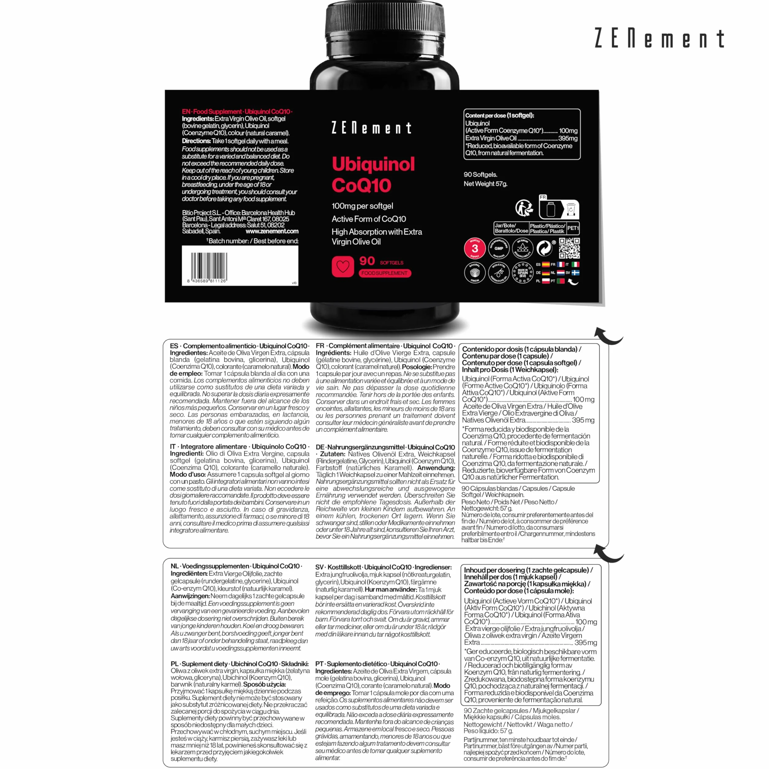 Ubiquinolo 100mg – Forma Attiva e Ridotta del CoQ10 – Alta Assorbibilità con Olio Extravergine di Oliva – 90 Capsule Softgel, 3 Mesi di Scorta – Zenement