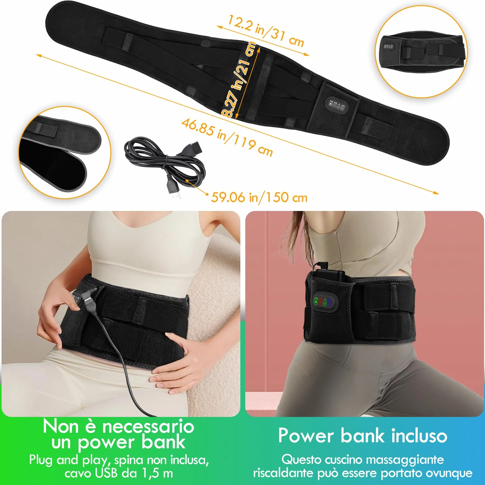 16000mAh Batteria Fascia Lombare Riscaldamento,Termoforo Lombare con 3 Livelli di Temperatura e Massaggio a Vibrazione,cintura riscaldante per la schiena con USB regalo per mamme, donne (Nero)